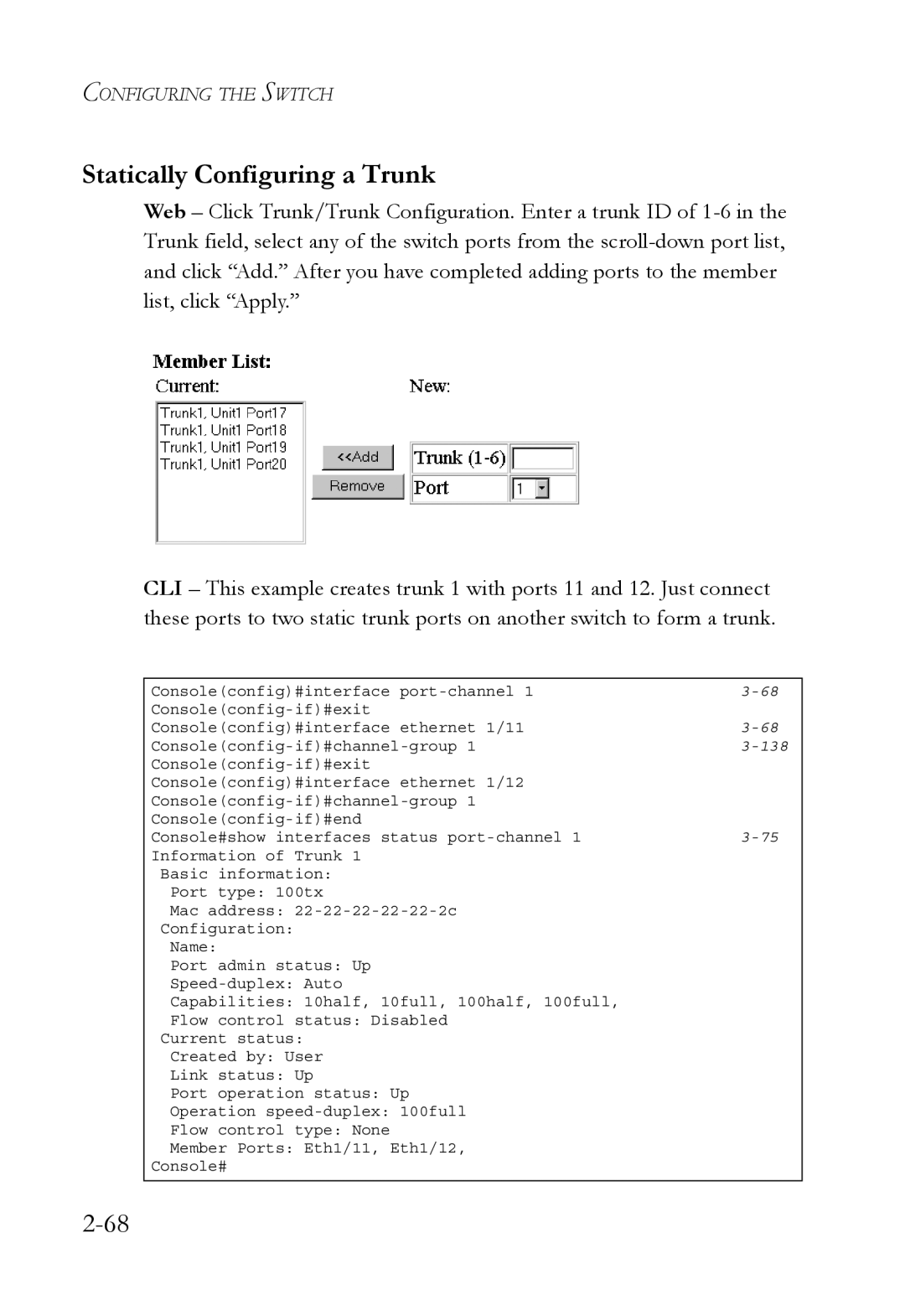 SMC Networks SMC6750L2 manual Statically Configuring a Trunk, 138 