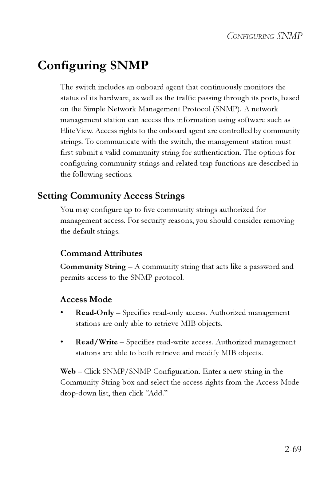 SMC Networks SMC6750L2 manual Configuring Snmp, Setting Community Access Strings 