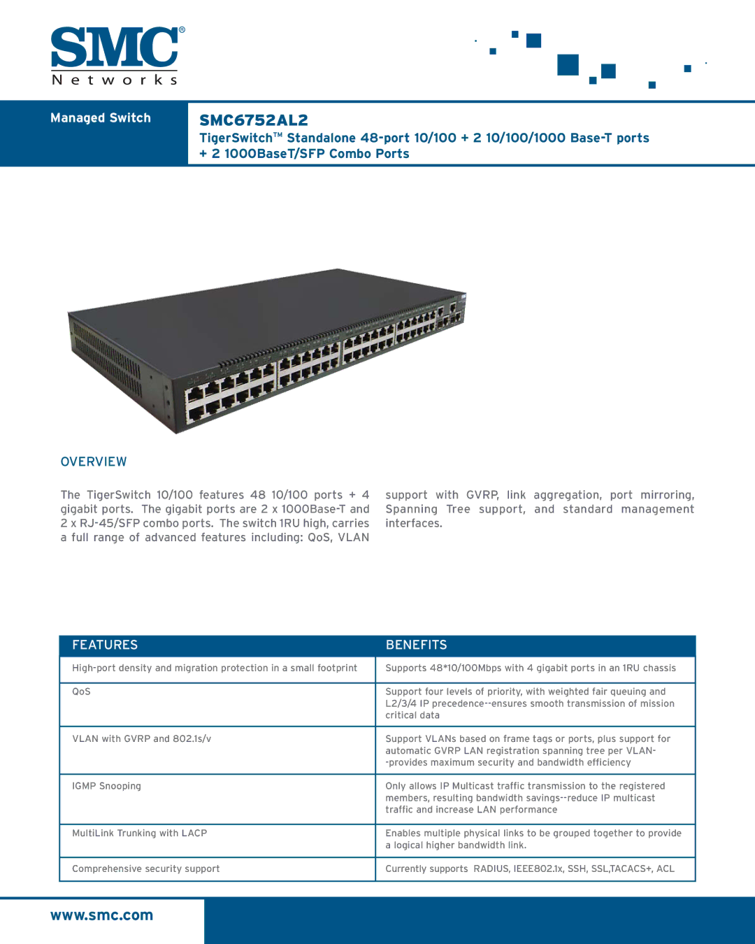 SMC Networks SMC6752AL2 manual Managed Switch, + 2 1000BaseT/SFP Combo Ports, Overview, Features Benefits 