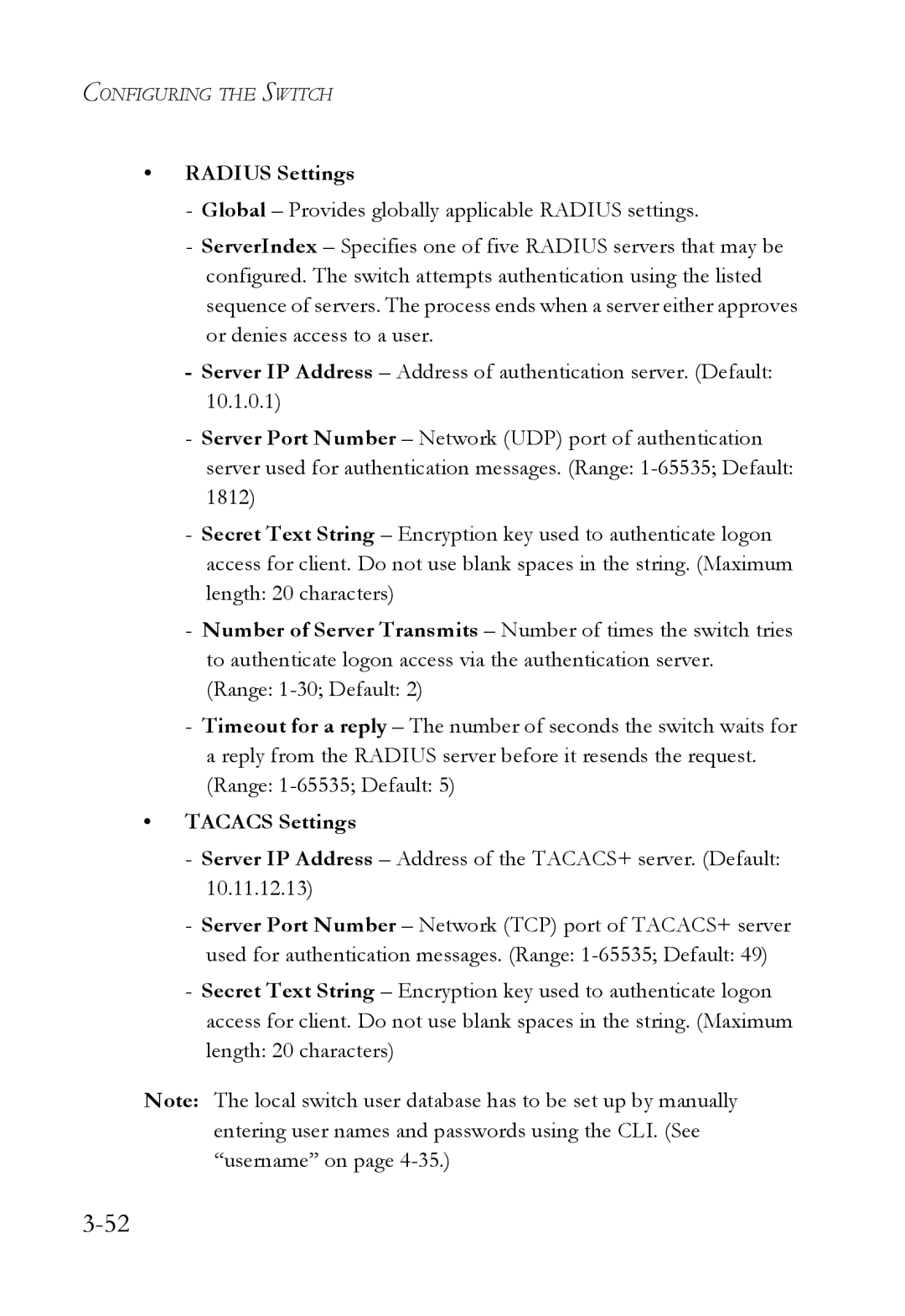 SMC Networks SMC6752AL2 manual Radius Settings, Tacacs Settings 