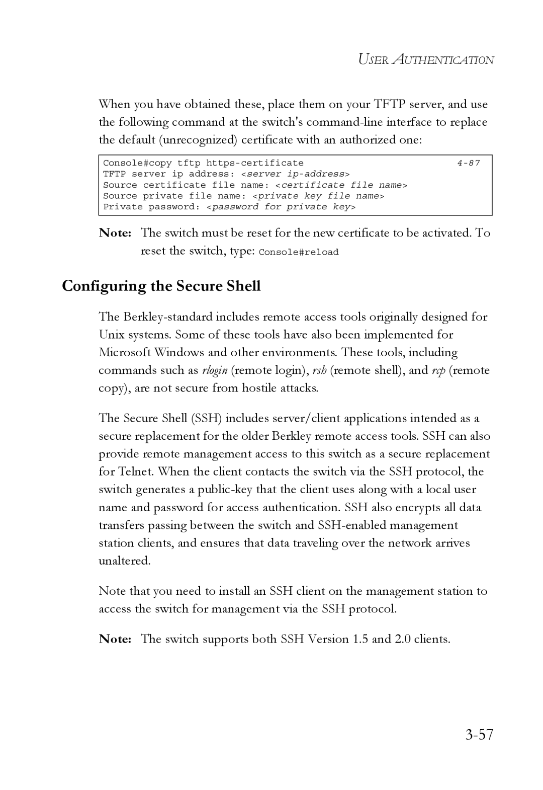 SMC Networks SMC6752AL2 manual Configuring the Secure Shell 