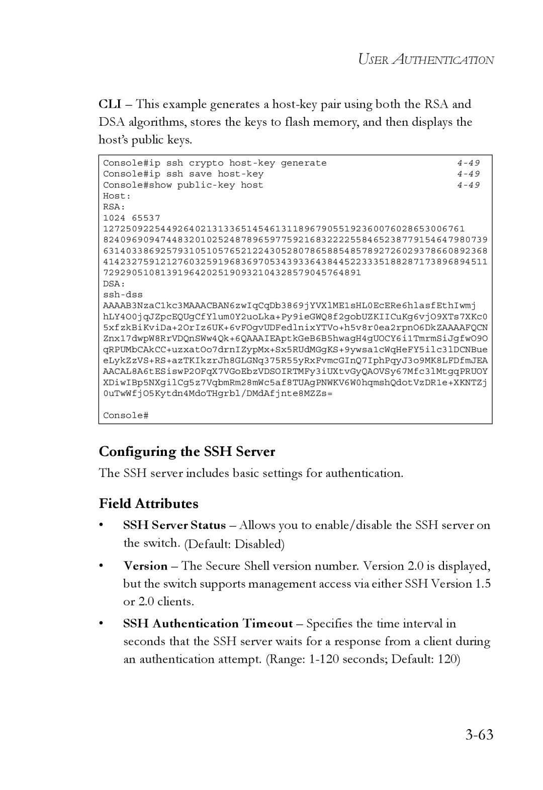 SMC Networks SMC6752AL2 manual Configuring the SSH Server, SSH server includes basic settings for authentication 