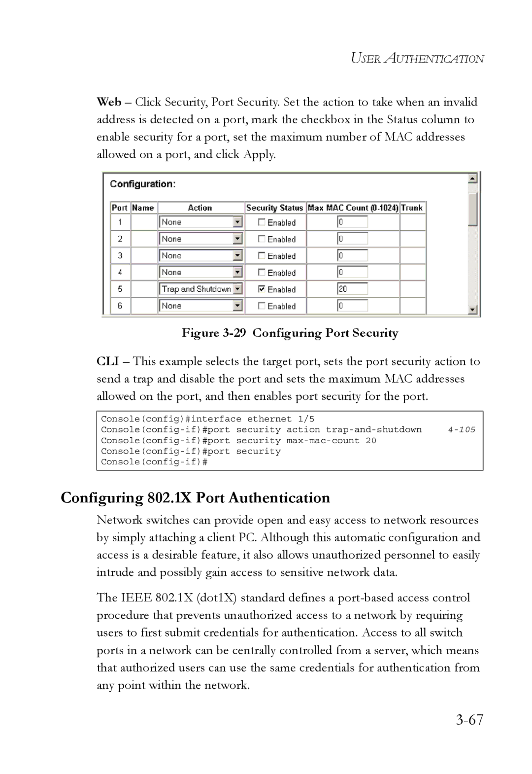 SMC Networks SMC6752AL2 manual Configuring 802.1X Port Authentication, Configuring Port Security 