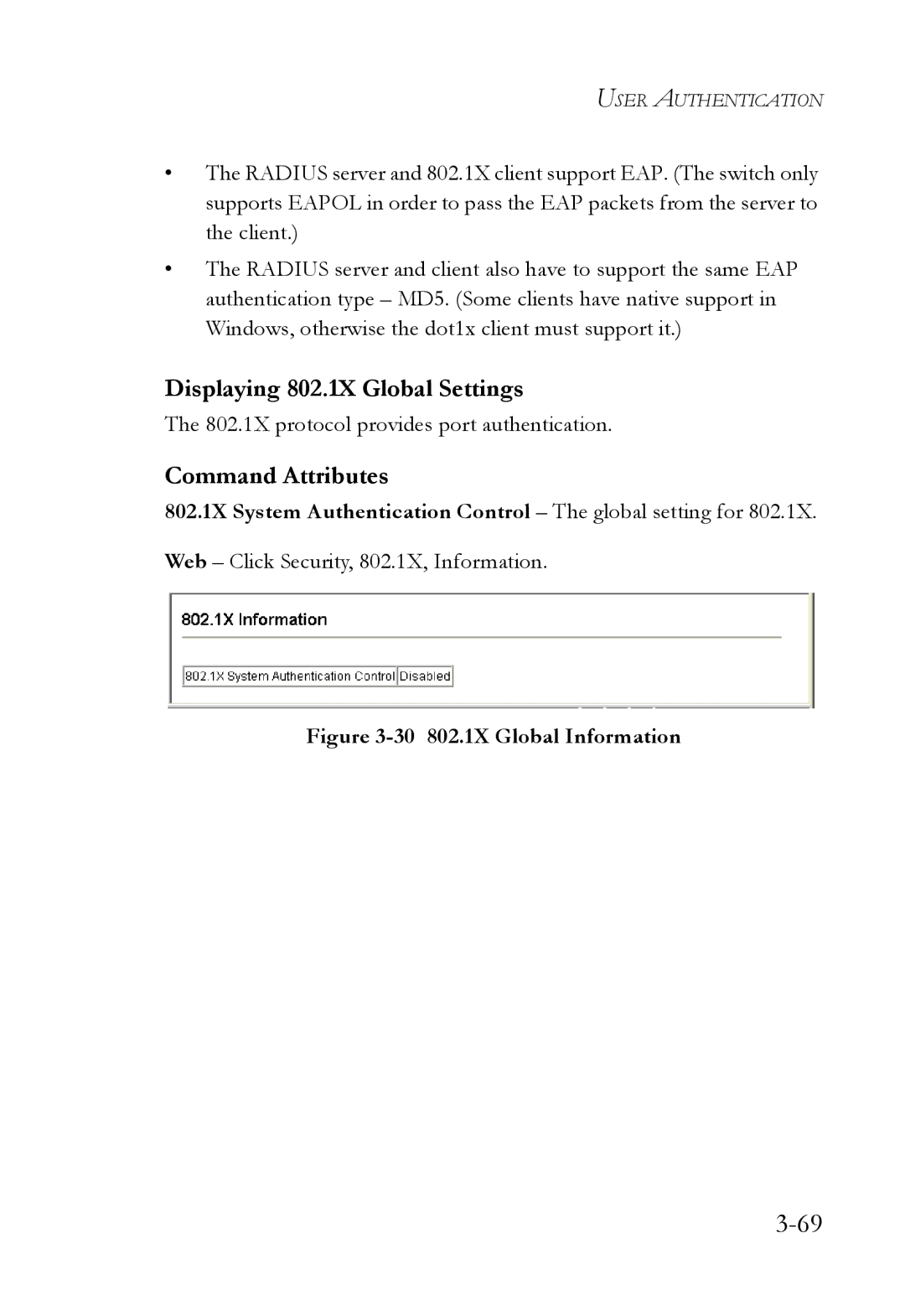 SMC Networks SMC6752AL2 manual Displaying 802.1X Global Settings, 802.1X protocol provides port authentication 