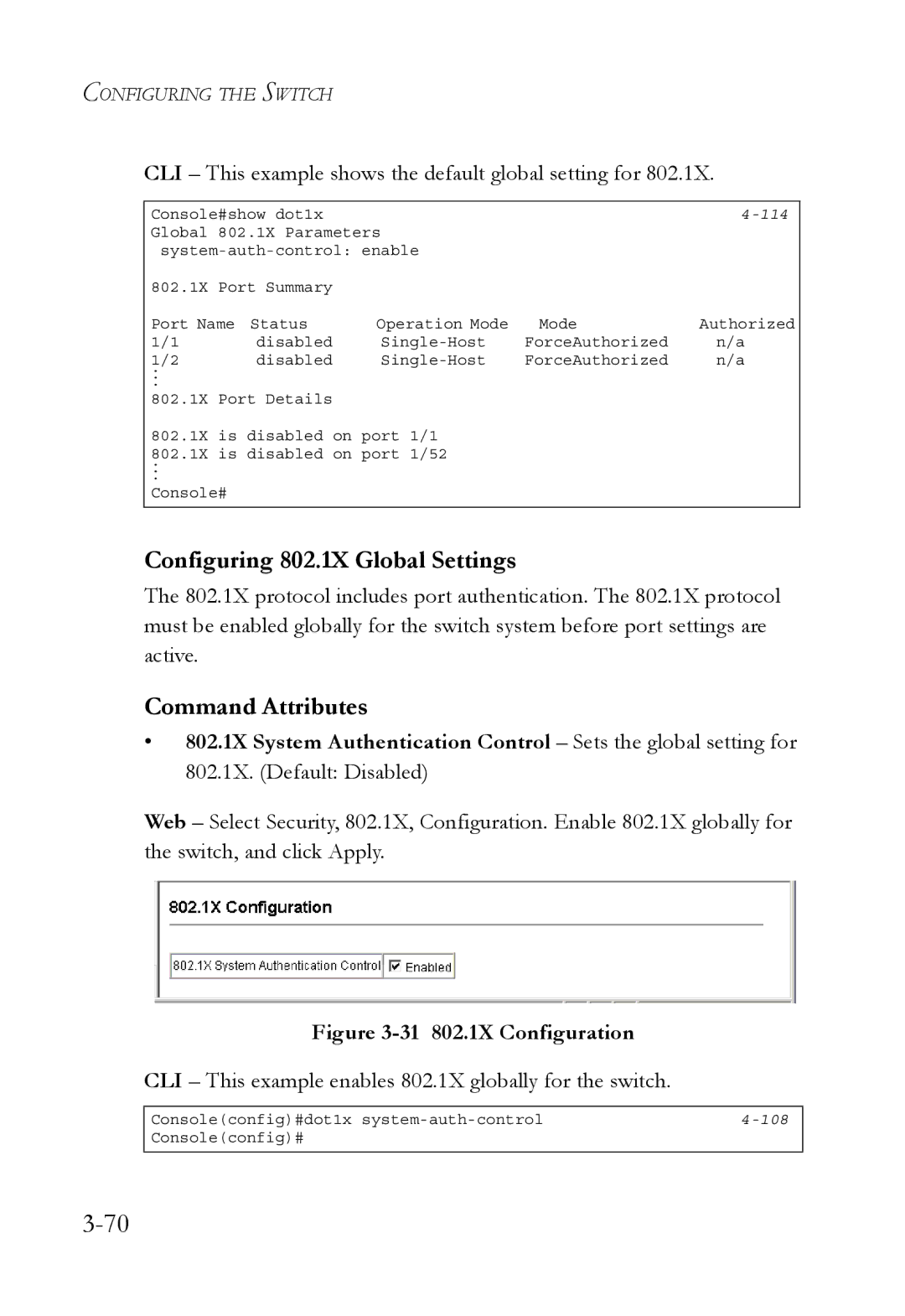 SMC Networks SMC6752AL2 manual Configuring 802.1X Global Settings, CLI This example shows the default global setting for 