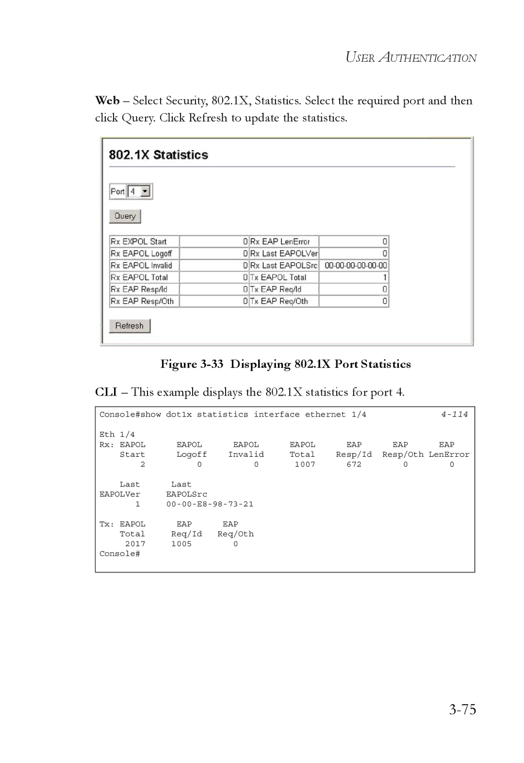 SMC Networks SMC6752AL2 manual Displaying 802.1X Port Statistics, CLI This example displays the 802.1X statistics for port 