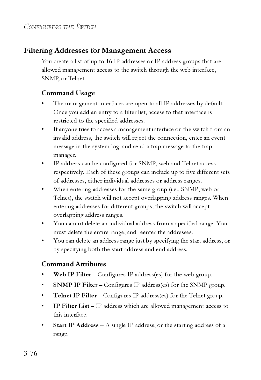 SMC Networks SMC6752AL2 manual Filtering Addresses for Management Access, Command Usage 