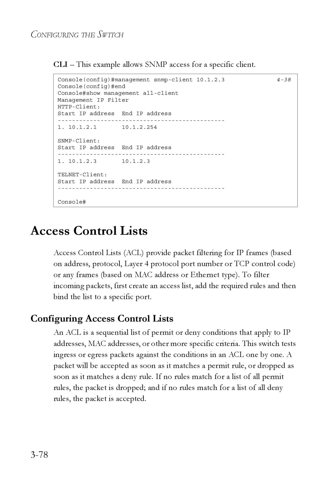 SMC Networks SMC6752AL2 Configuring Access Control Lists, CLI This example allows Snmp access for a specific client 