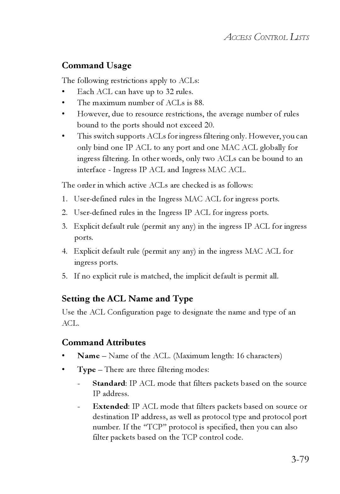 SMC Networks SMC6752AL2 manual Command Usage, Setting the ACL Name and Type 