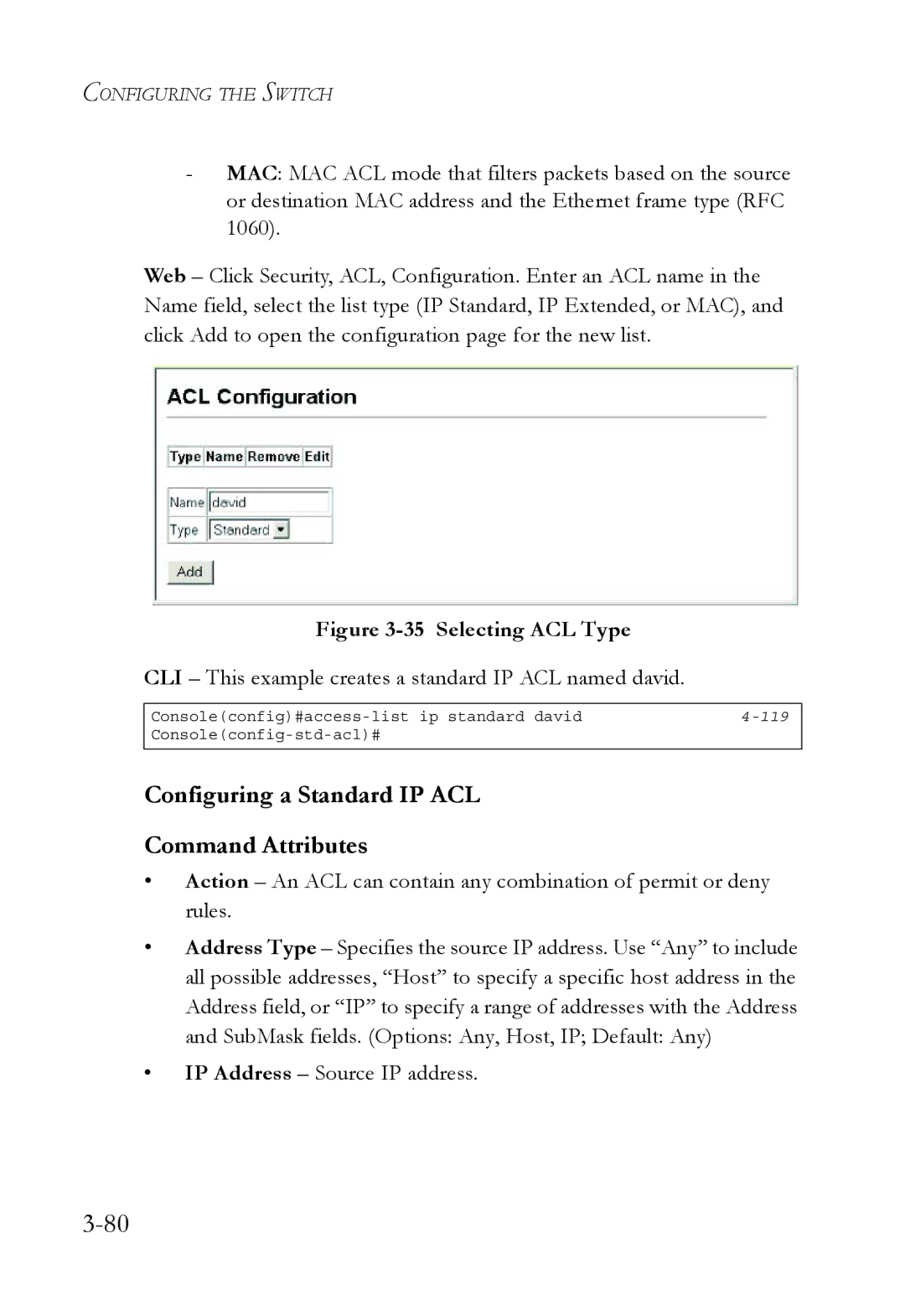 SMC Networks SMC6752AL2 manual Configuring a Standard IP ACL Command Attributes 