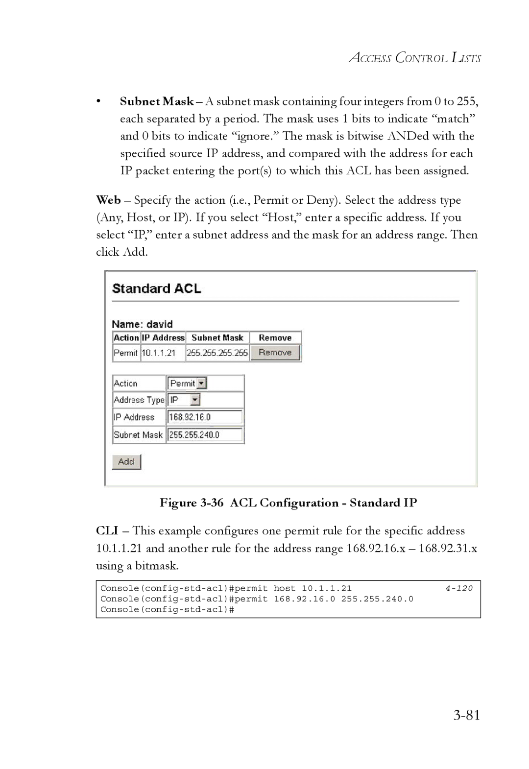 SMC Networks SMC6752AL2 manual ACL Configuration Standard IP 