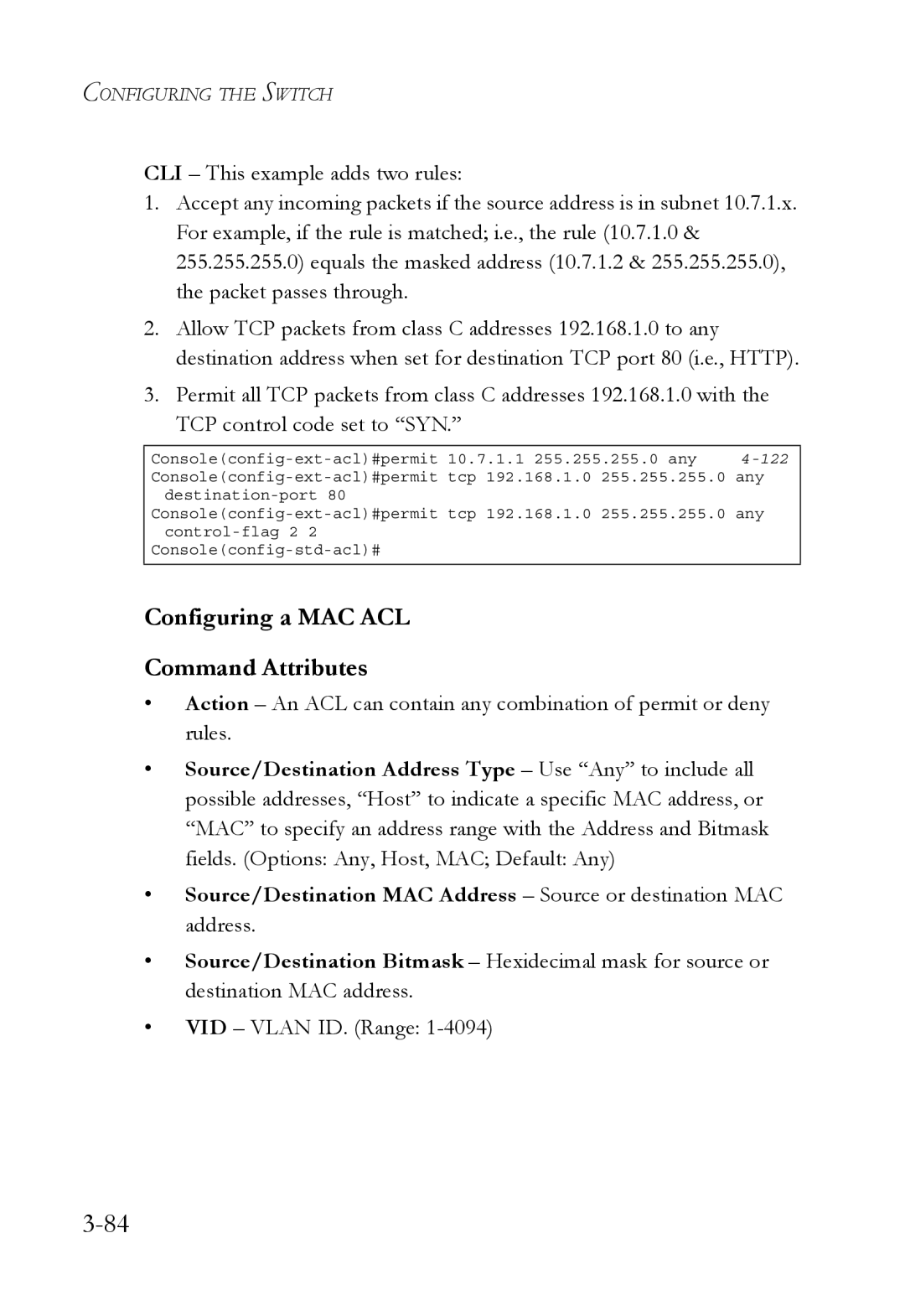 SMC Networks SMC6752AL2 manual Configuring a MAC ACL Command Attributes, 122 