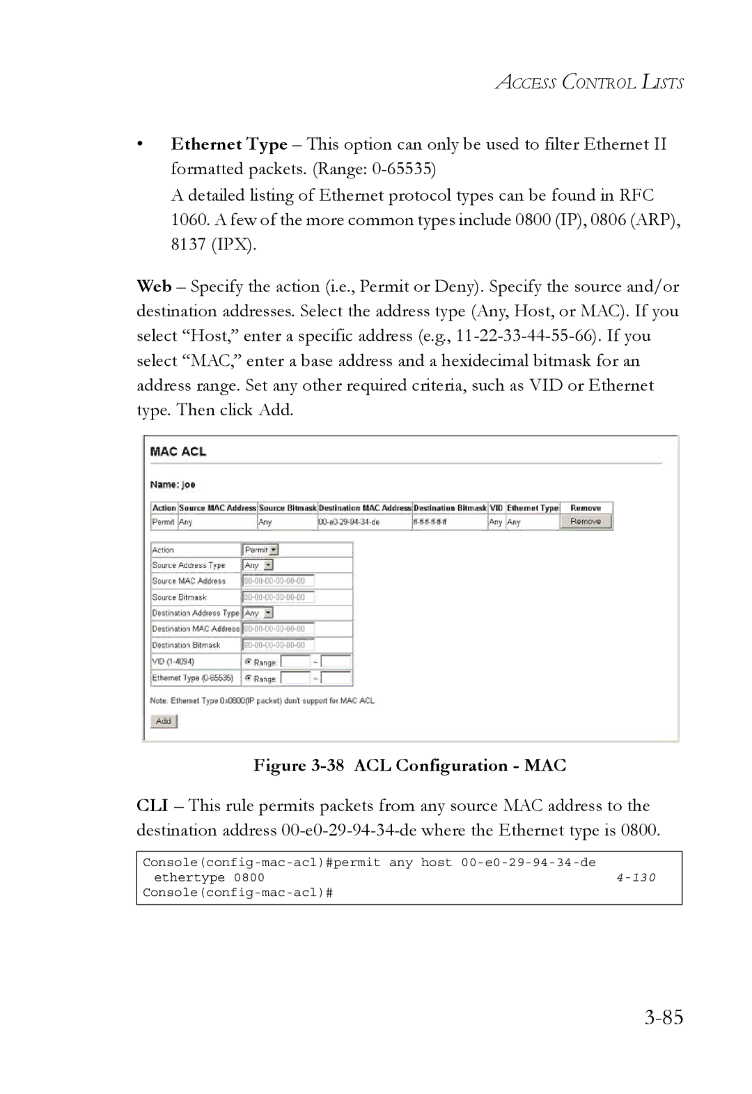 SMC Networks SMC6752AL2 manual ACL Configuration MAC 