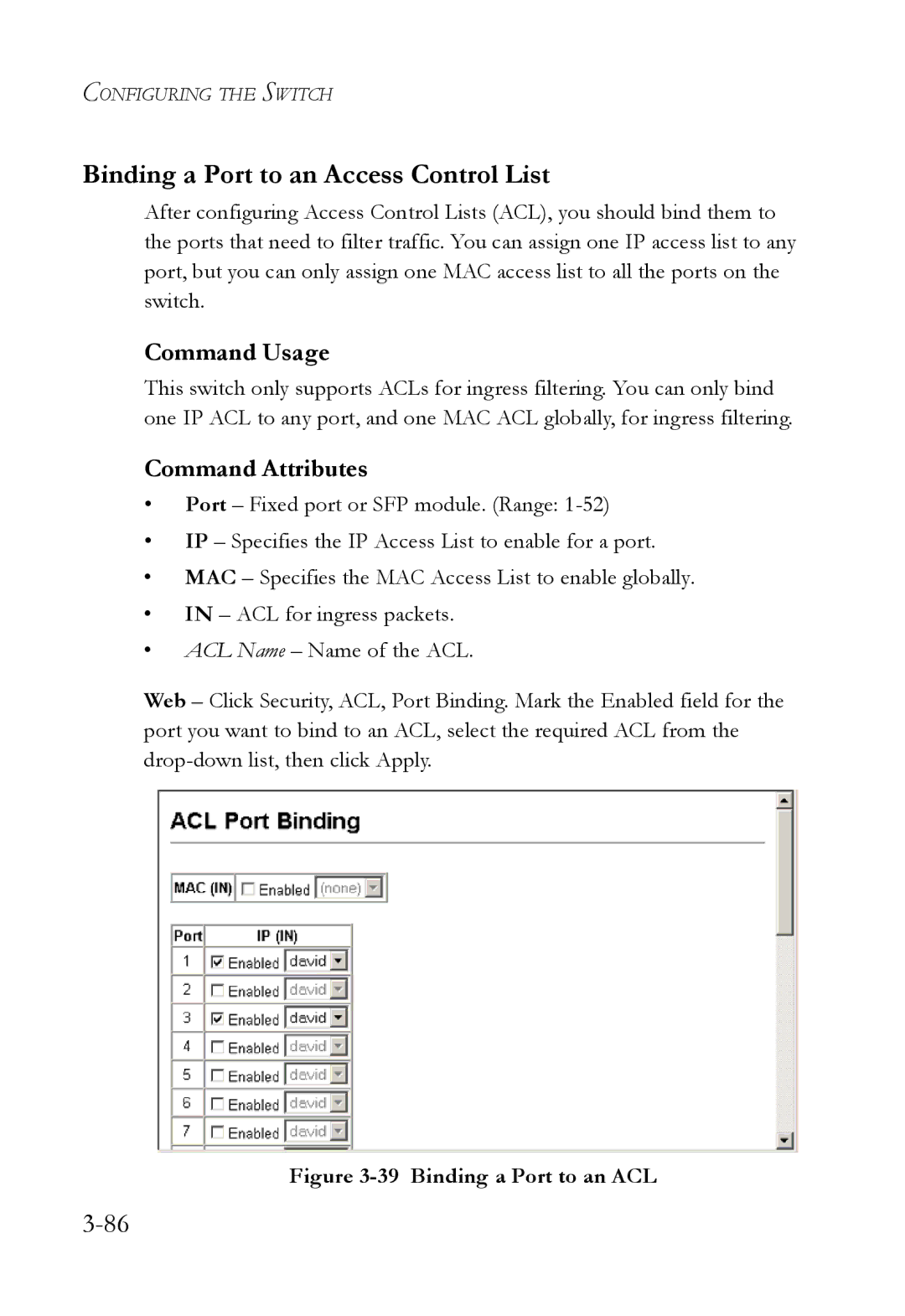 SMC Networks SMC6752AL2 manual Binding a Port to an Access Control List, Binding a Port to an ACL 