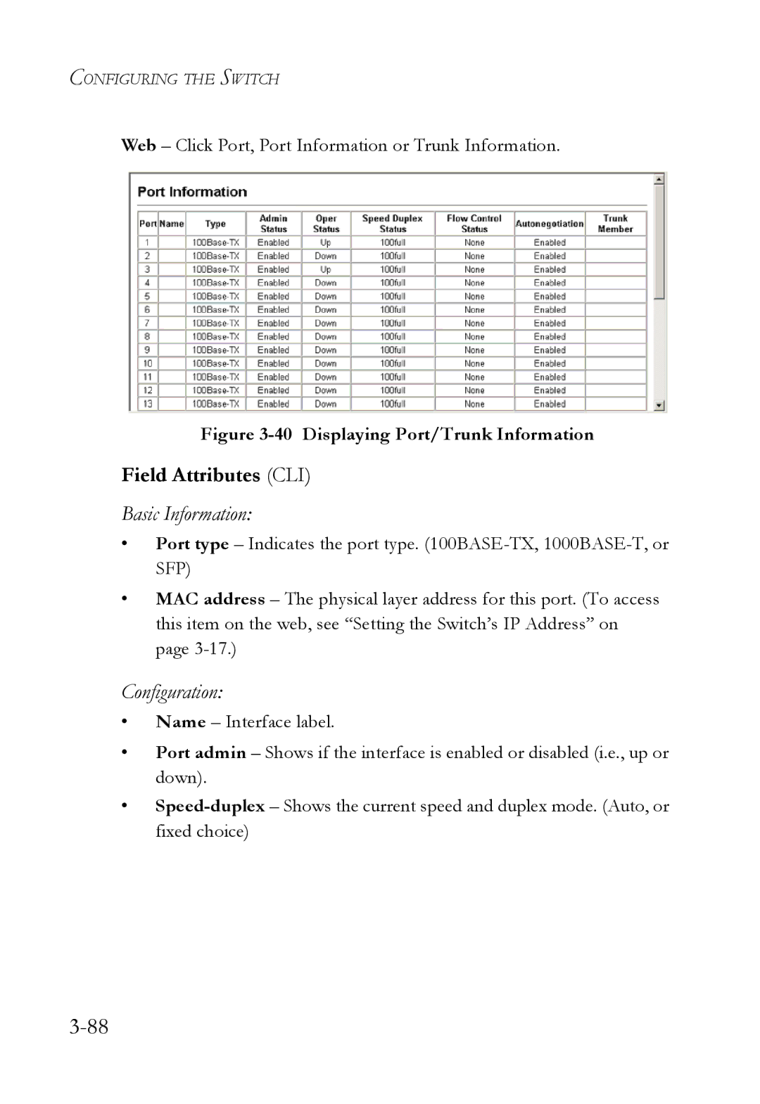 SMC Networks SMC6752AL2 manual Field Attributes CLI, Web Click Port, Port Information or Trunk Information 