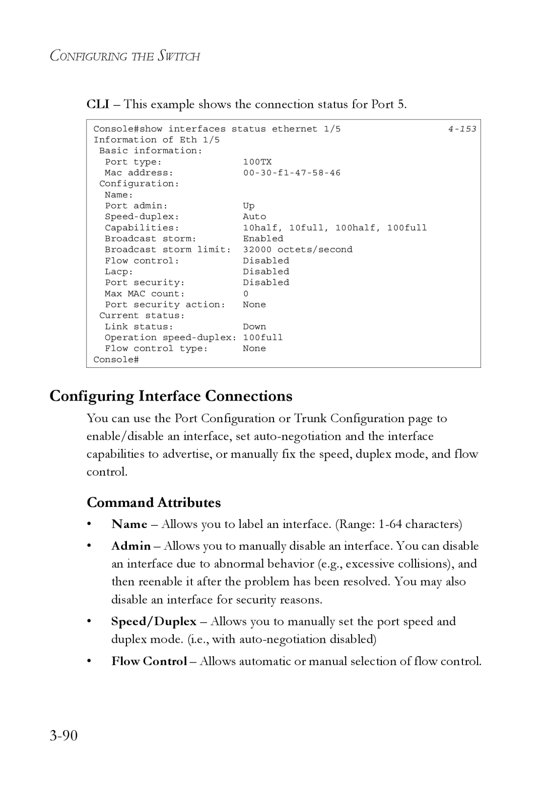 SMC Networks SMC6752AL2 manual Configuring Interface Connections, CLI This example shows the connection status for Port 