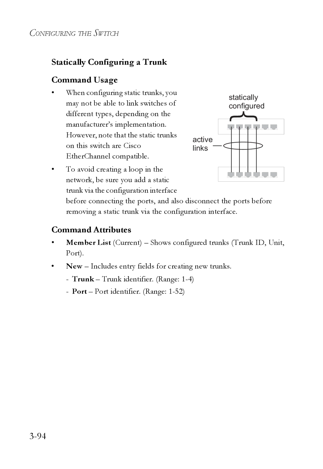 SMC Networks SMC6752AL2 manual Statically Configuring a Trunk Command Usage, Command Attributes 