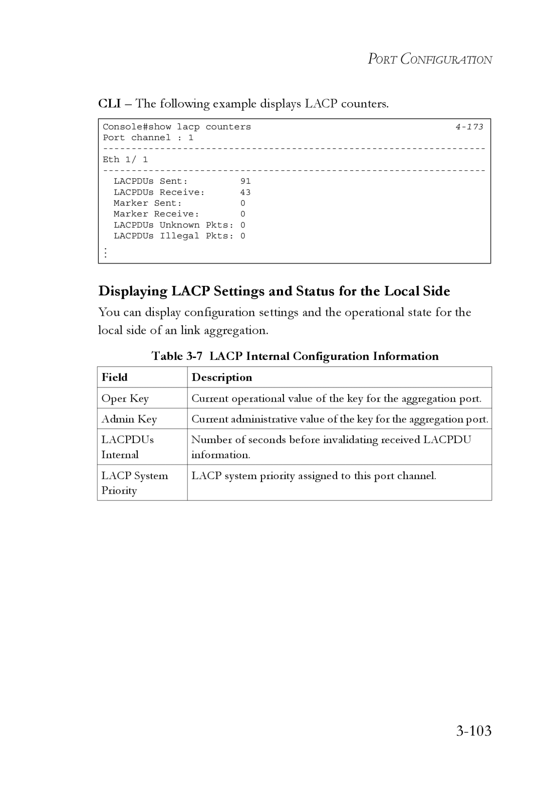 SMC Networks SMC6752AL2 manual 103, Displaying Lacp Settings and Status for the Local Side 