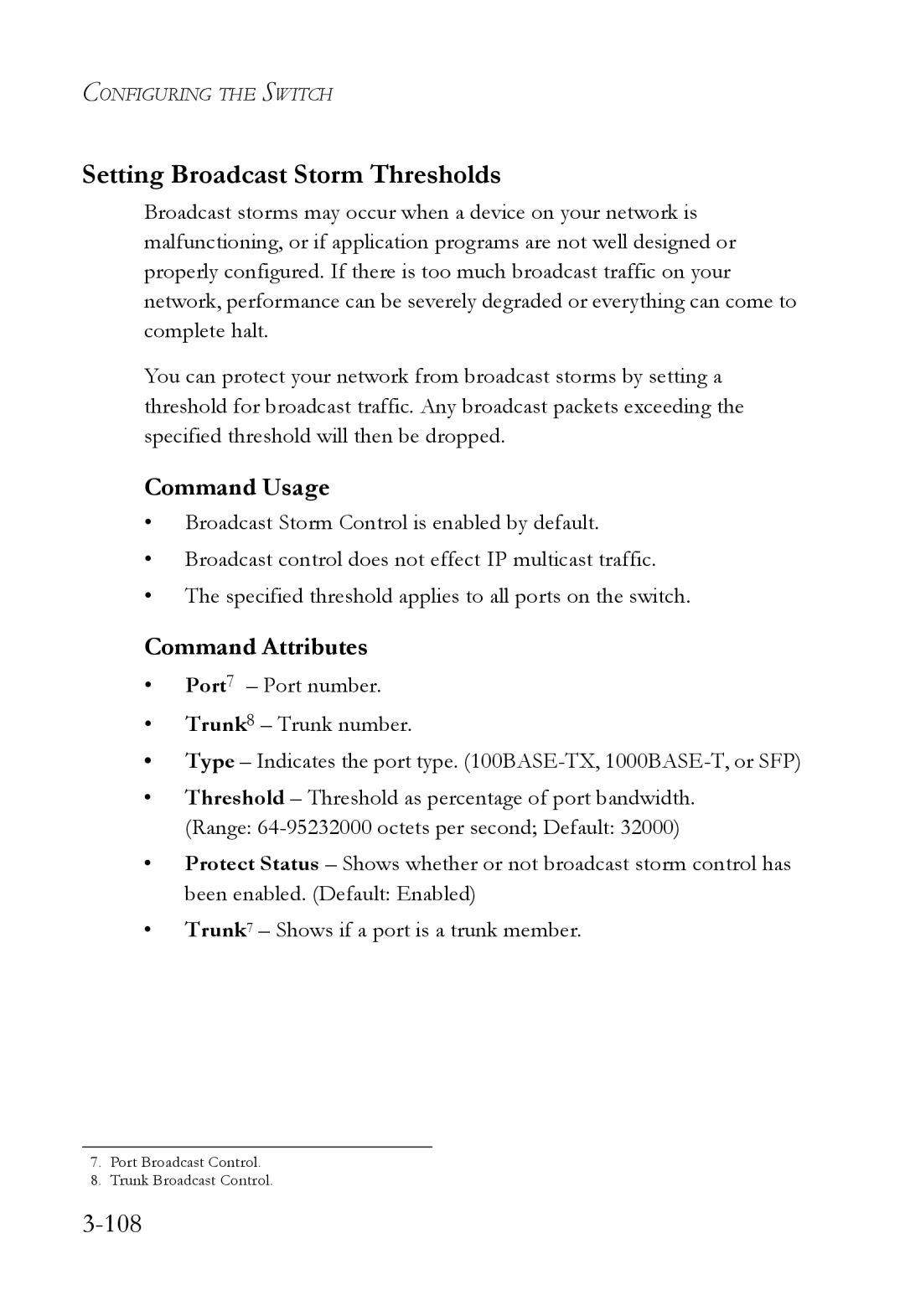 SMC Networks SMC6752AL2 manual Setting Broadcast Storm Thresholds, 108 