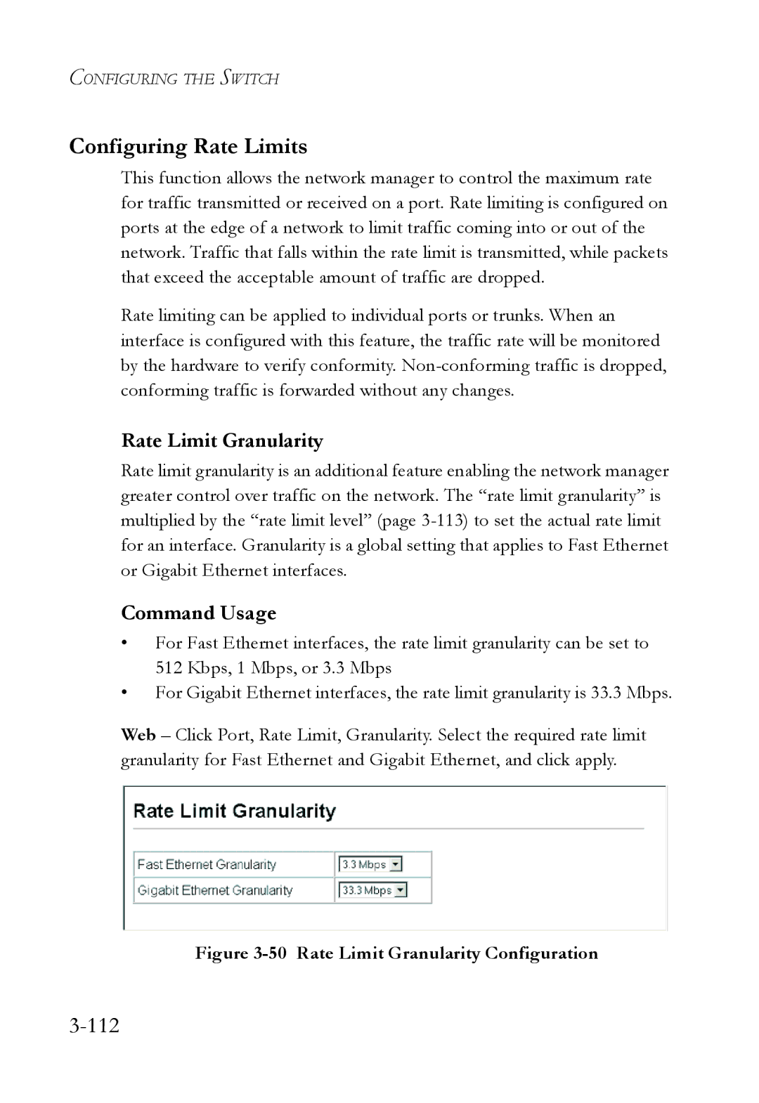 SMC Networks SMC6752AL2 manual Configuring Rate Limits, 112, Rate Limit Granularity 