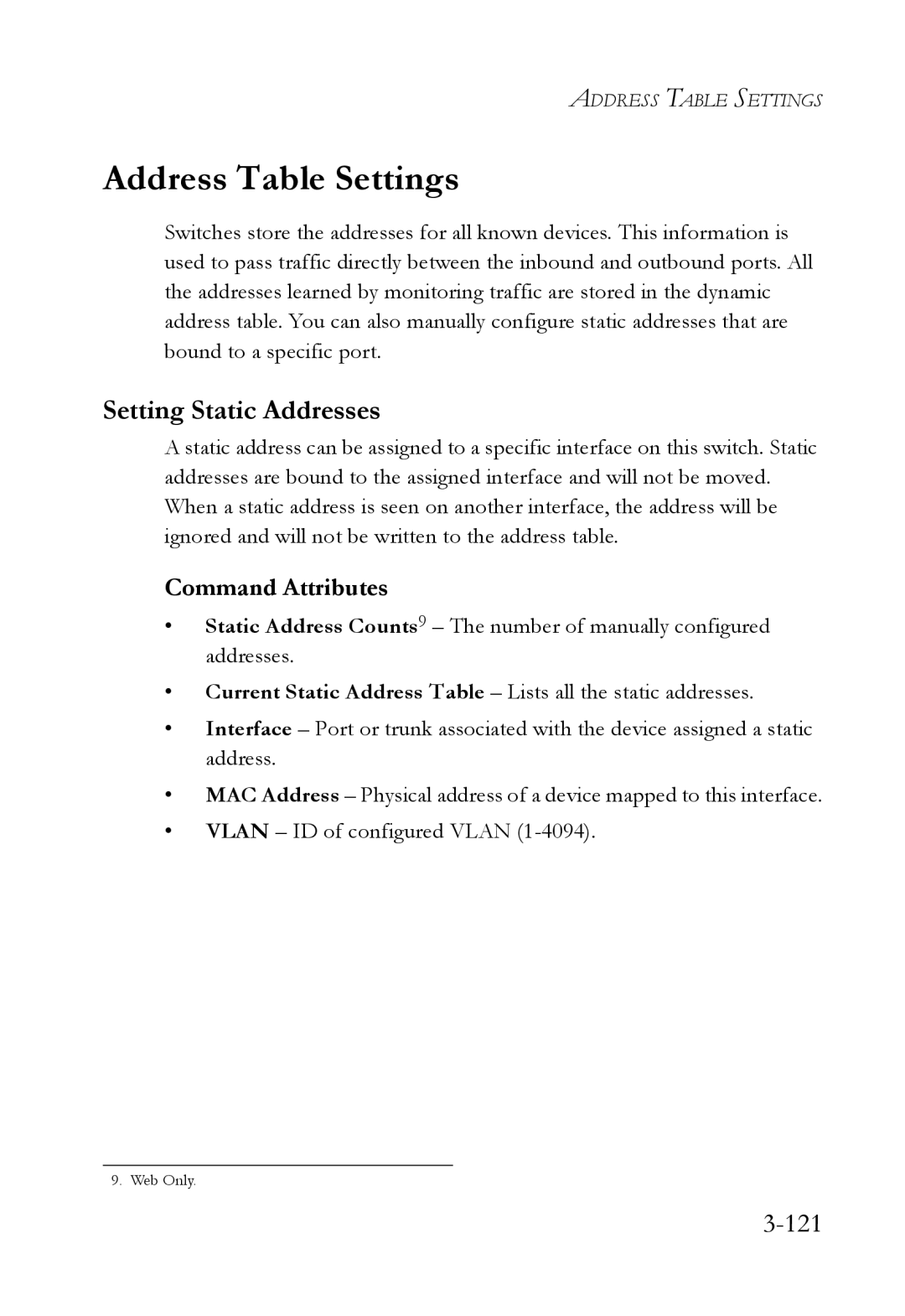 SMC Networks SMC6752AL2 manual Address Table Settings, Setting Static Addresses, 121 