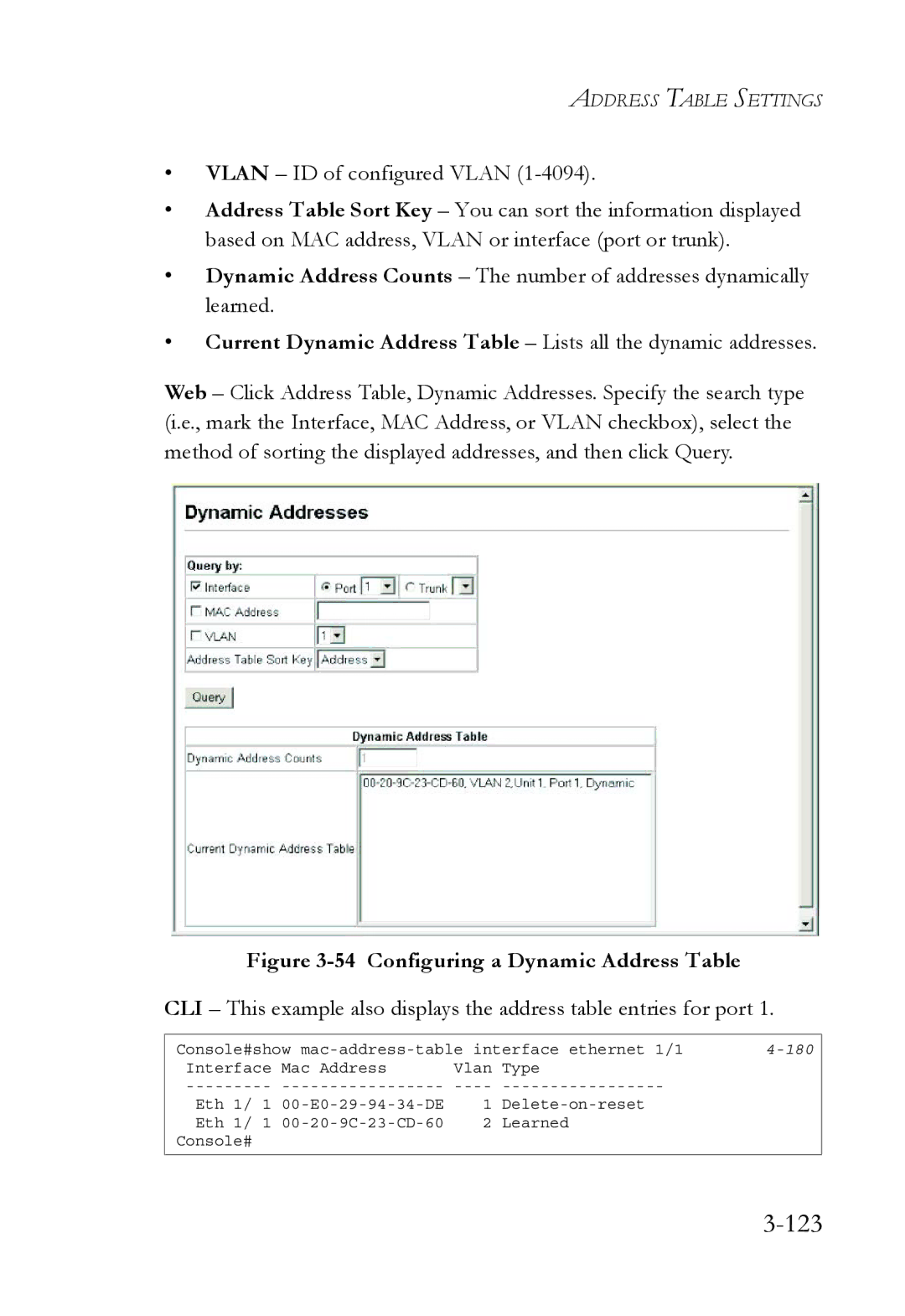 SMC Networks SMC6752AL2 manual 123, Configuring a Dynamic Address Table 