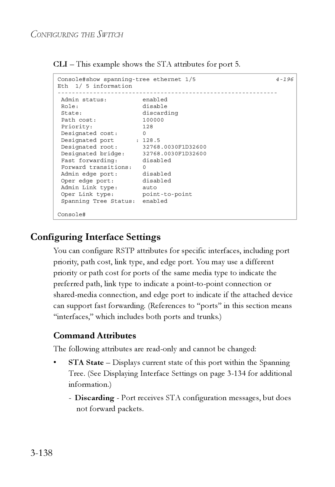 SMC Networks SMC6752AL2 manual Configuring Interface Settings, 138, CLI This example shows the STA attributes for port 