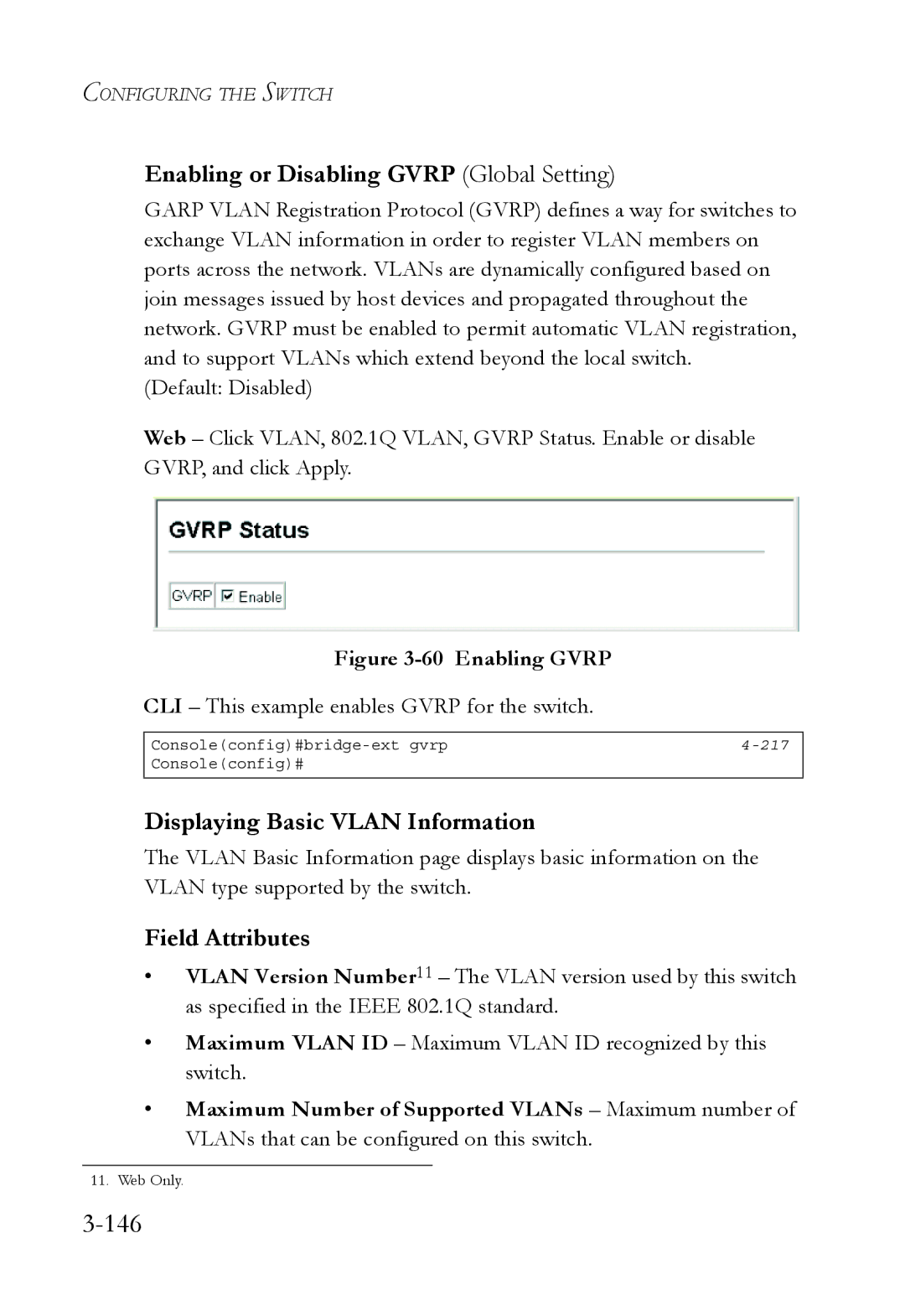 SMC Networks SMC6752AL2 manual 146, Enabling or Disabling Gvrp Global Setting, Displaying Basic Vlan Information 