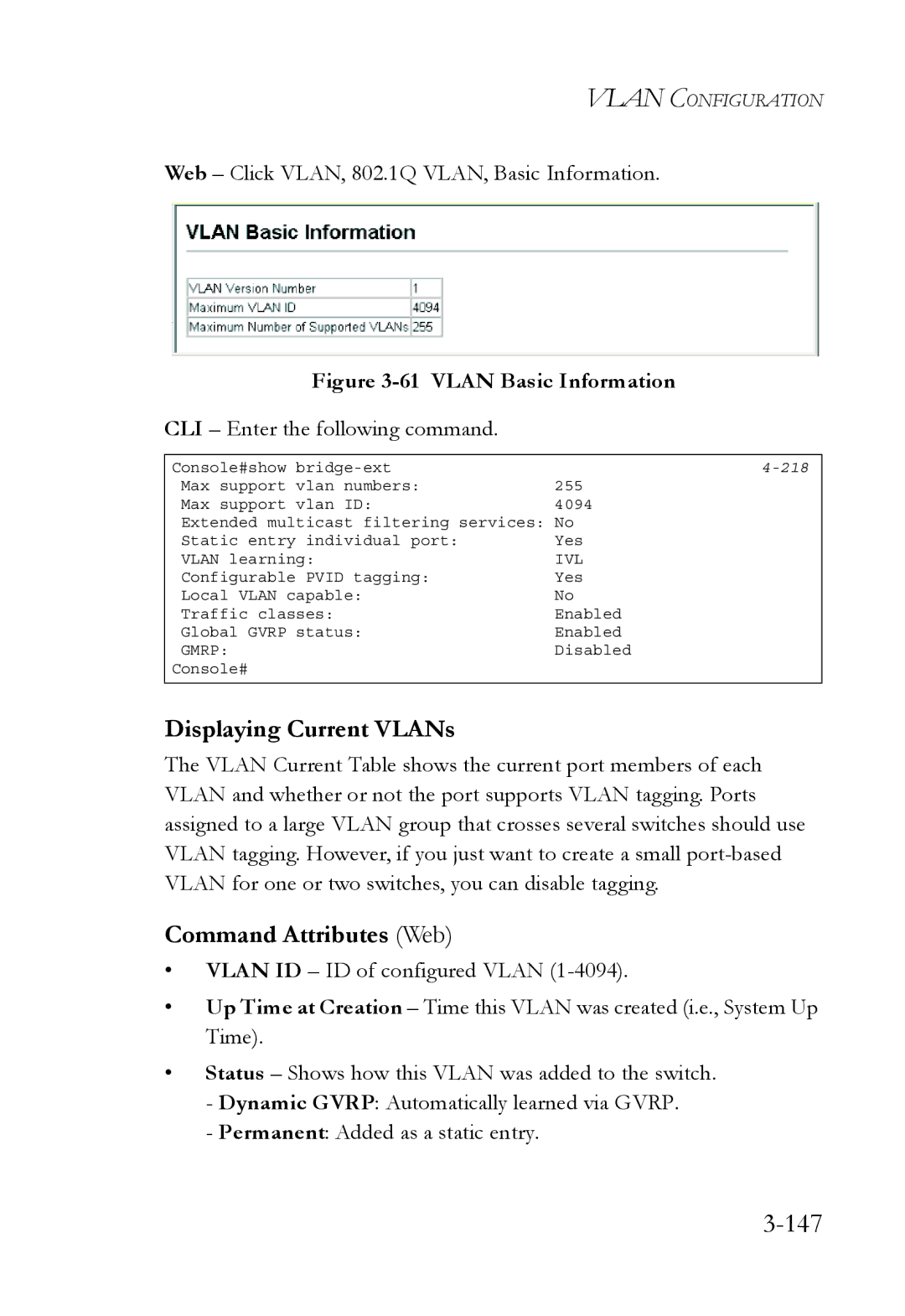 SMC Networks SMC6752AL2 manual 147, Displaying Current VLANs, Command Attributes Web 