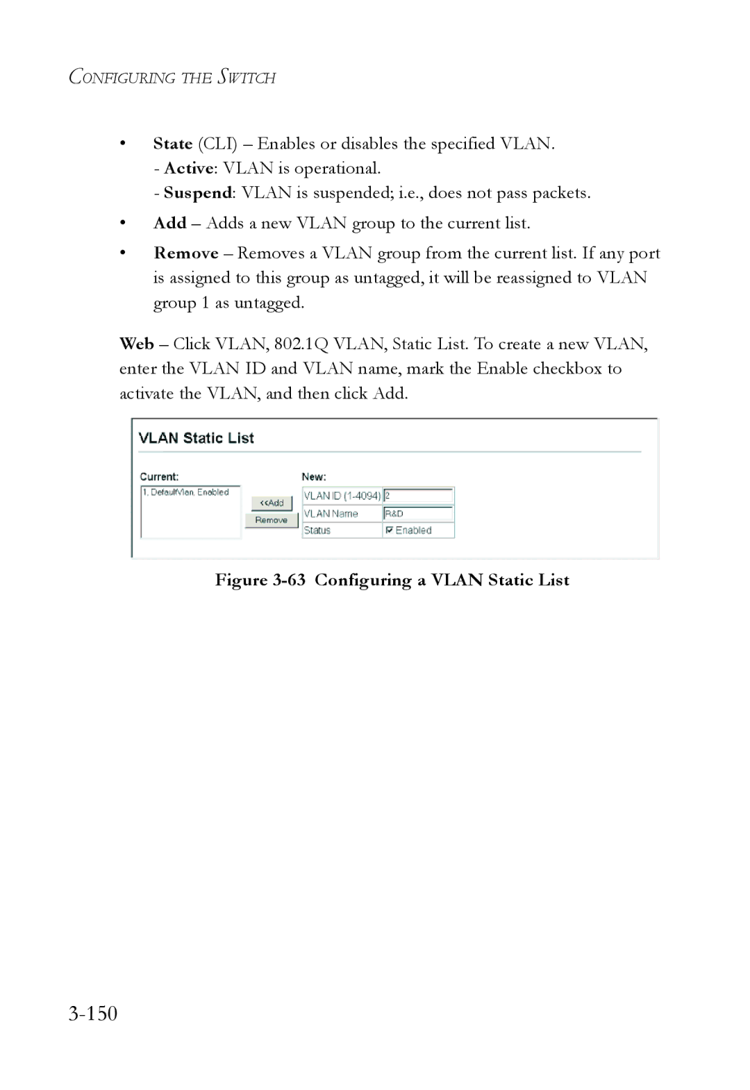 SMC Networks SMC6752AL2 manual 150, Configuring a Vlan Static List 