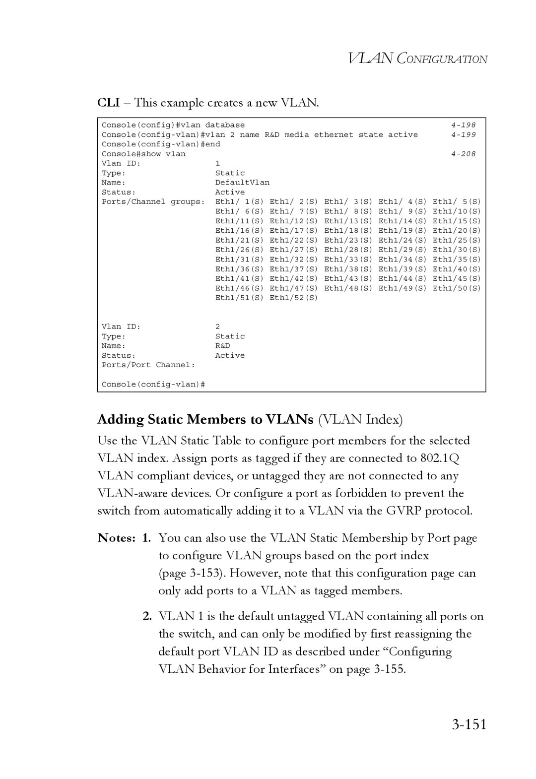 SMC Networks SMC6752AL2 manual 151, Adding Static Members to VLANs Vlan Index, CLI This example creates a new Vlan 