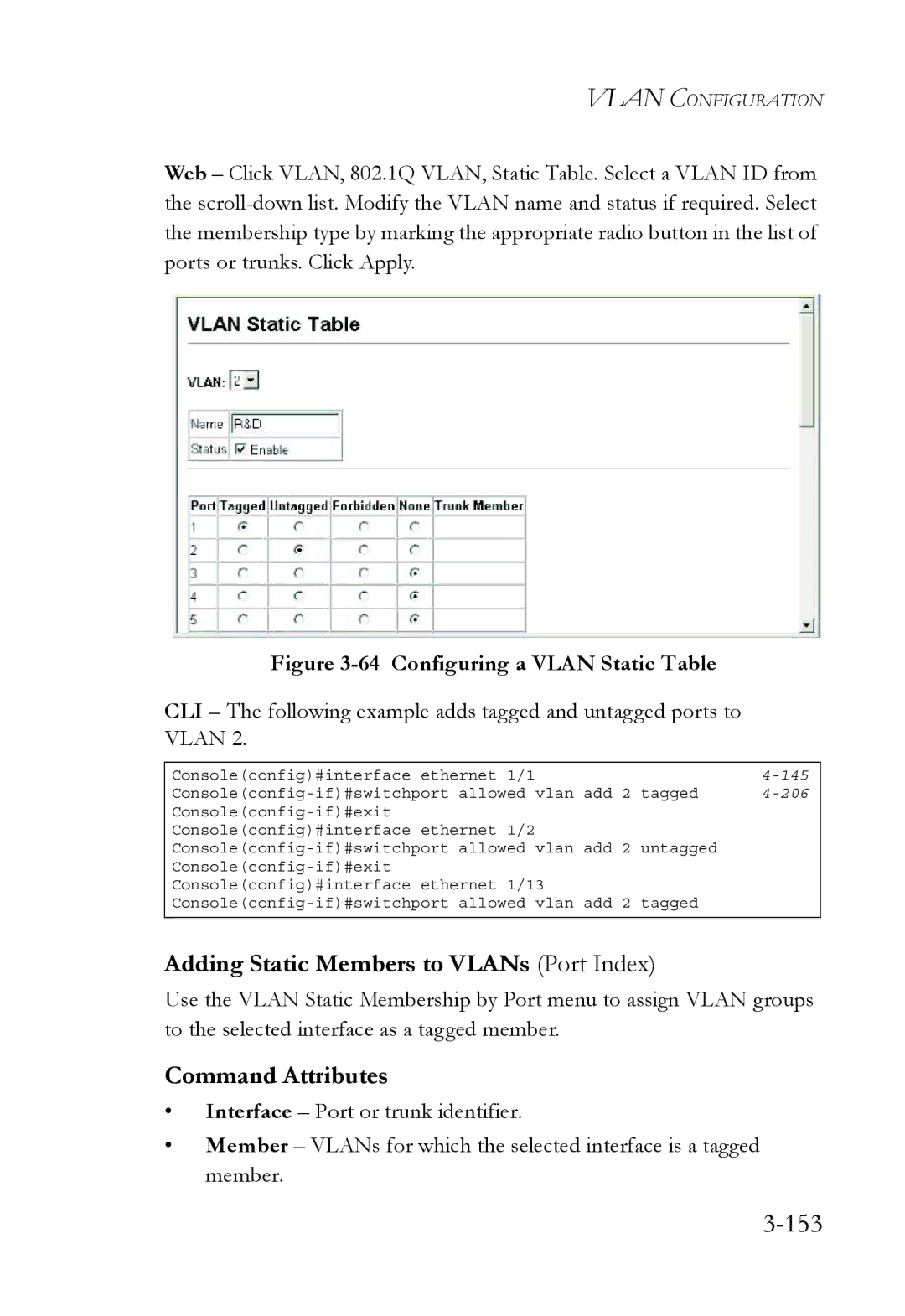 SMC Networks SMC6752AL2 manual 153, Adding Static Members to VLANs Port Index 