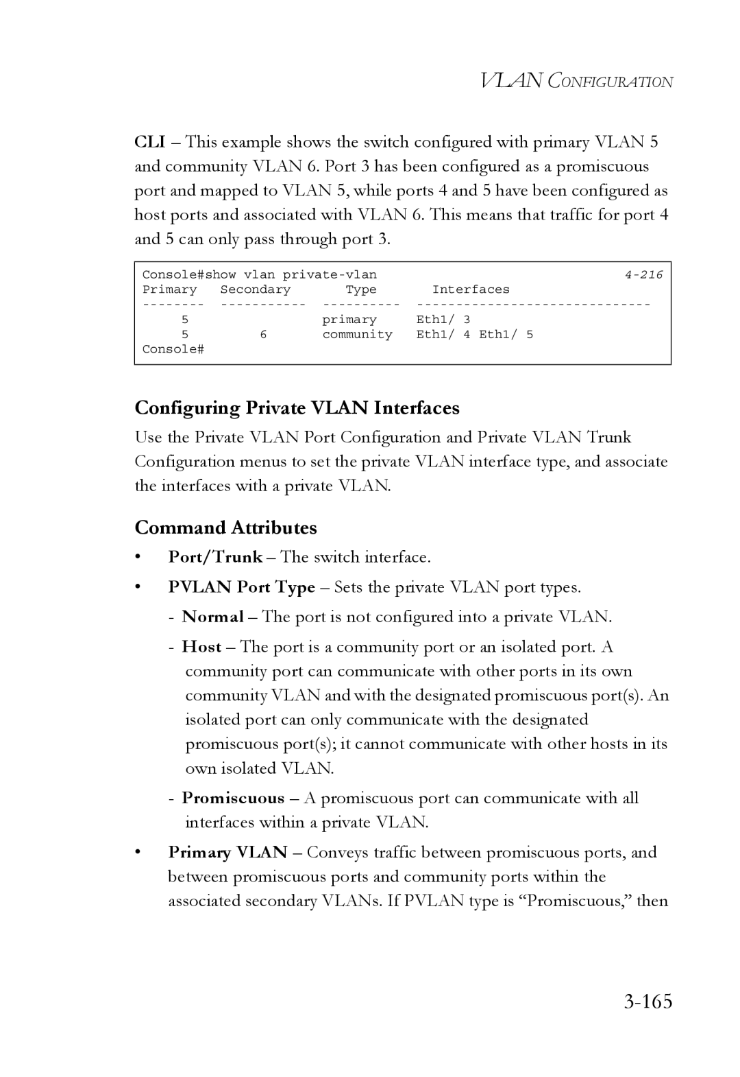 SMC Networks SMC6752AL2 manual 165, Configuring Private Vlan Interfaces 