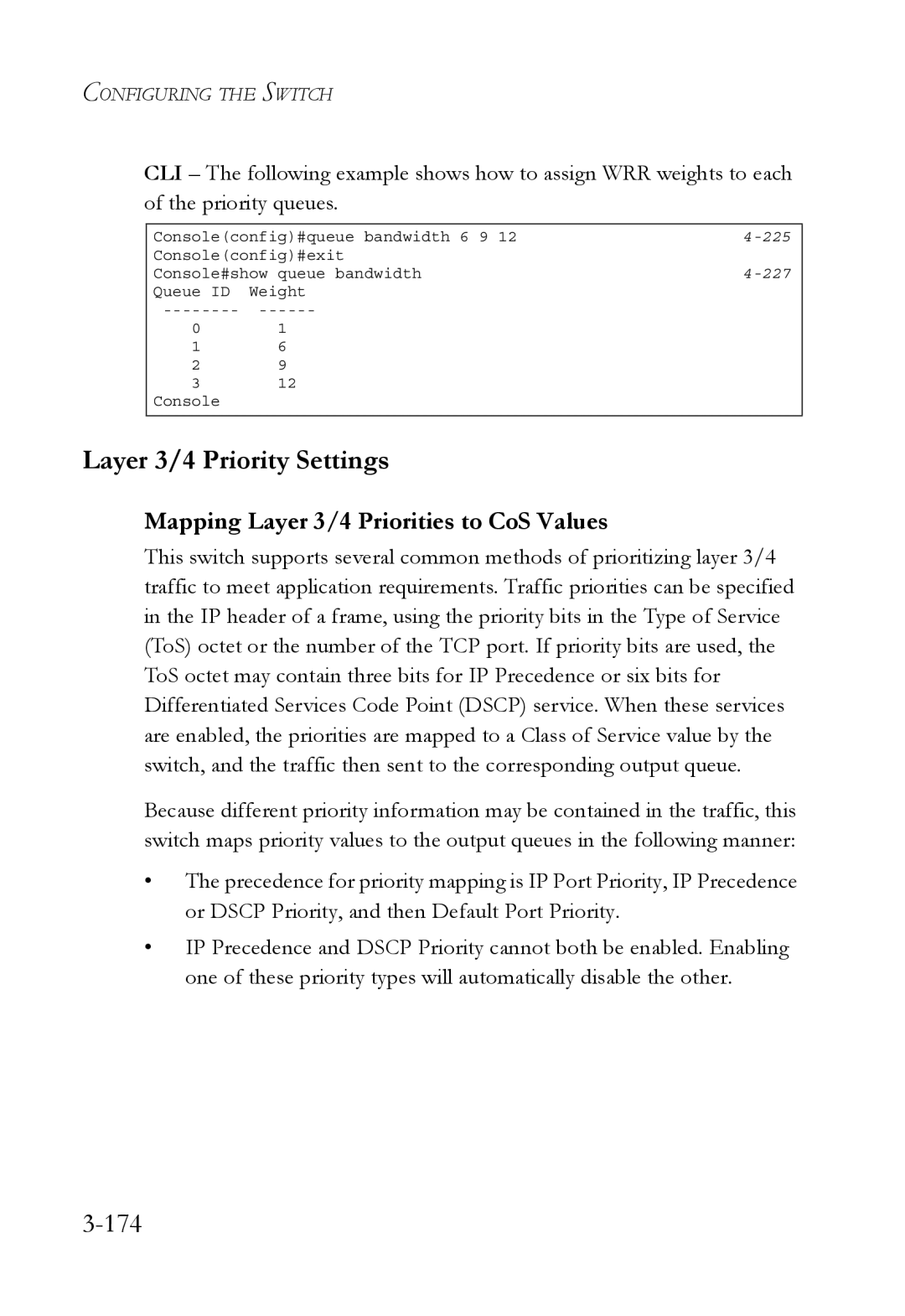 SMC Networks SMC6752AL2 manual Layer 3/4 Priority Settings, 174, Mapping Layer 3/4 Priorities to CoS Values 