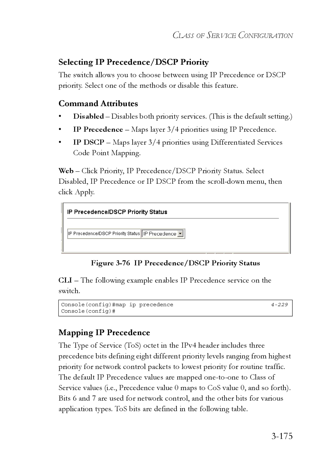 SMC Networks SMC6752AL2 manual 175, Selecting IP Precedence/DSCP Priority, Mapping IP Precedence 