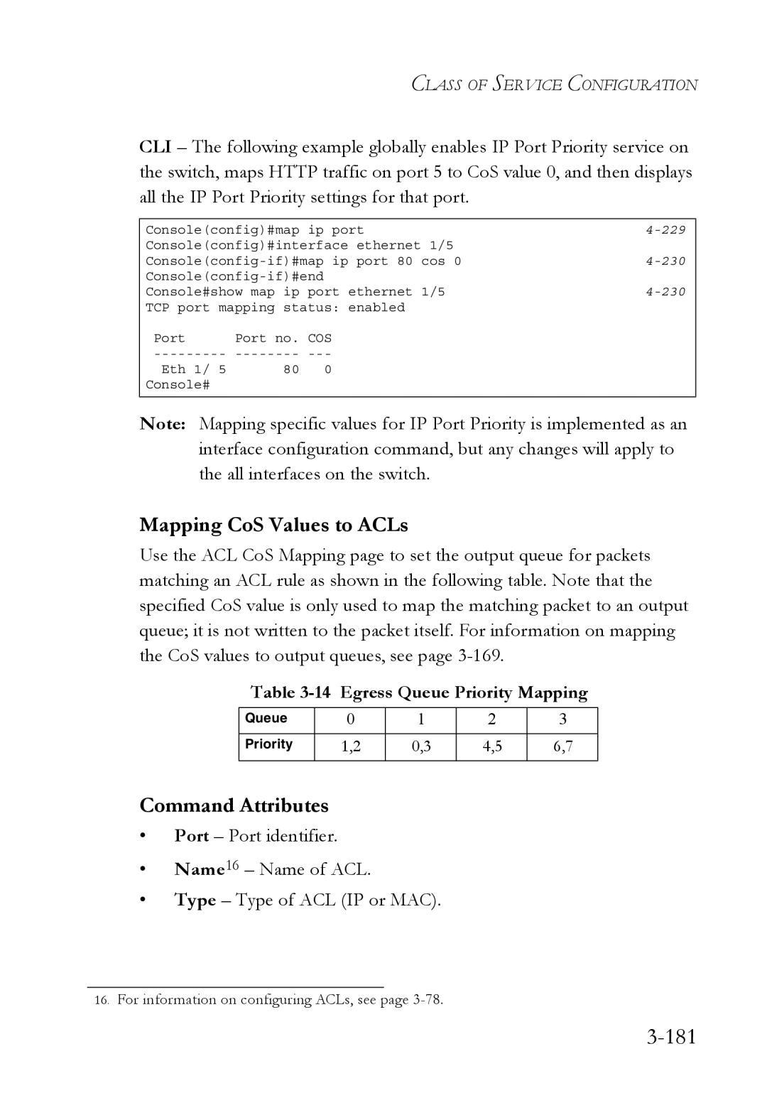 SMC Networks SMC6752AL2 manual 181, Mapping CoS Values to ACLs, Egress Queue Priority Mapping 