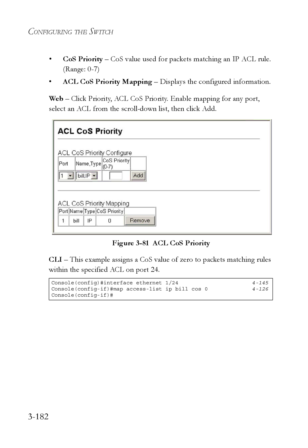 SMC Networks SMC6752AL2 manual 182, ACL CoS Priority 