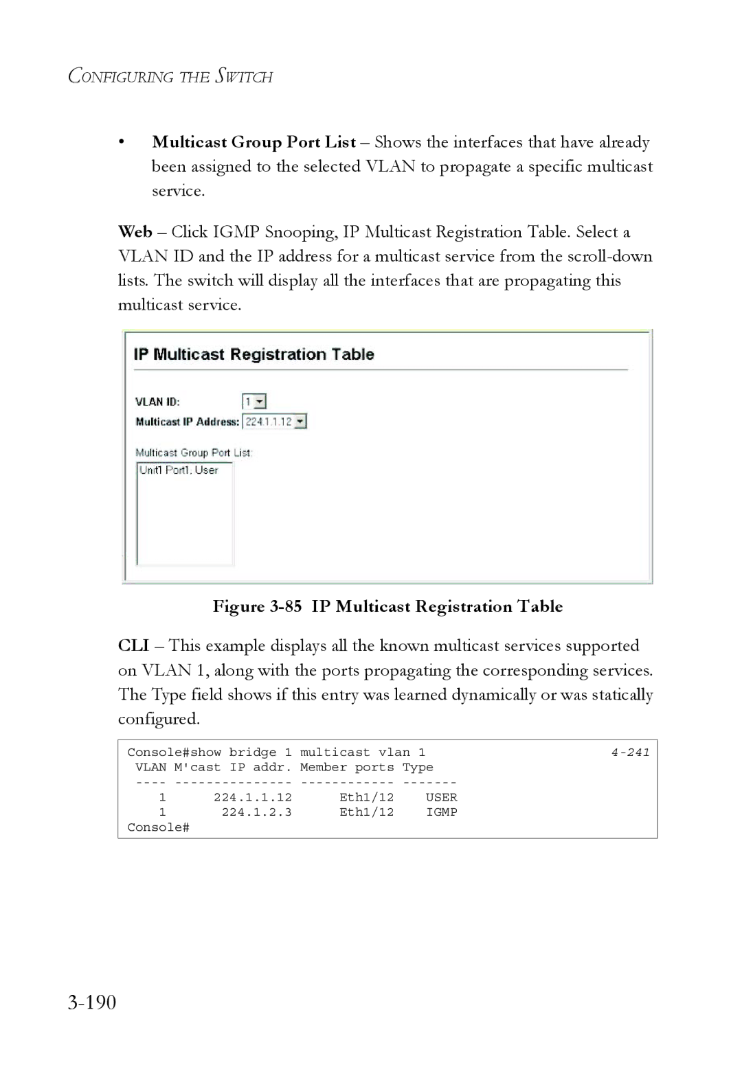 SMC Networks SMC6752AL2 manual 190, IP Multicast Registration Table 