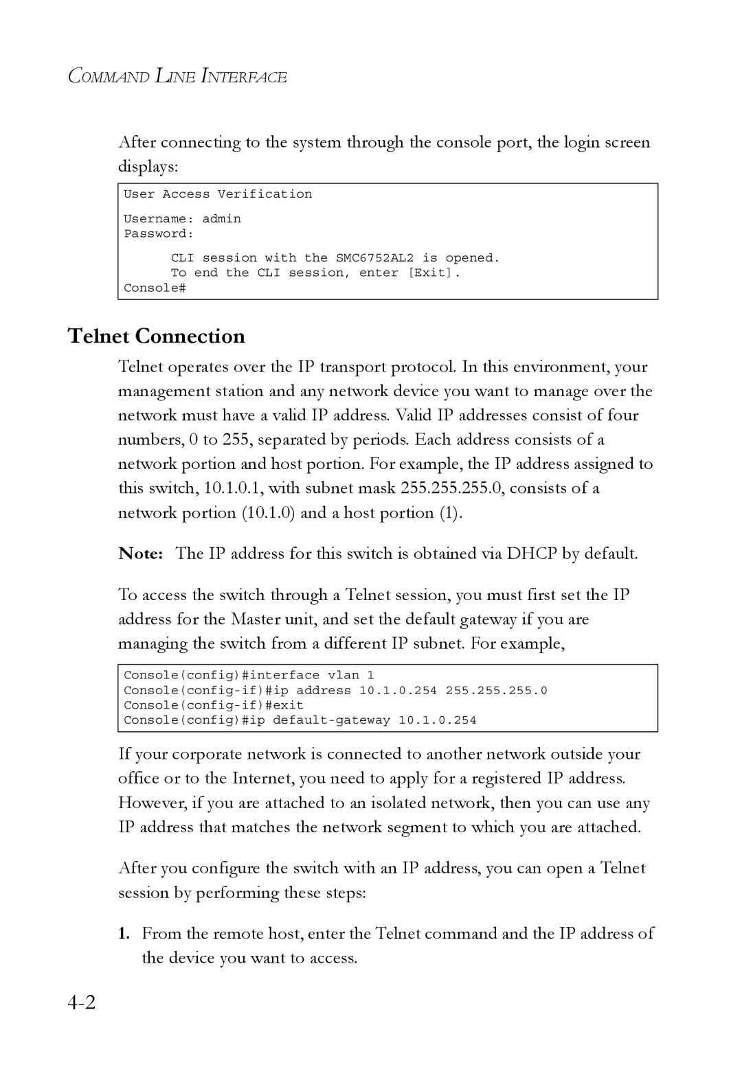 SMC Networks SMC6752AL2 manual Telnet Connection 