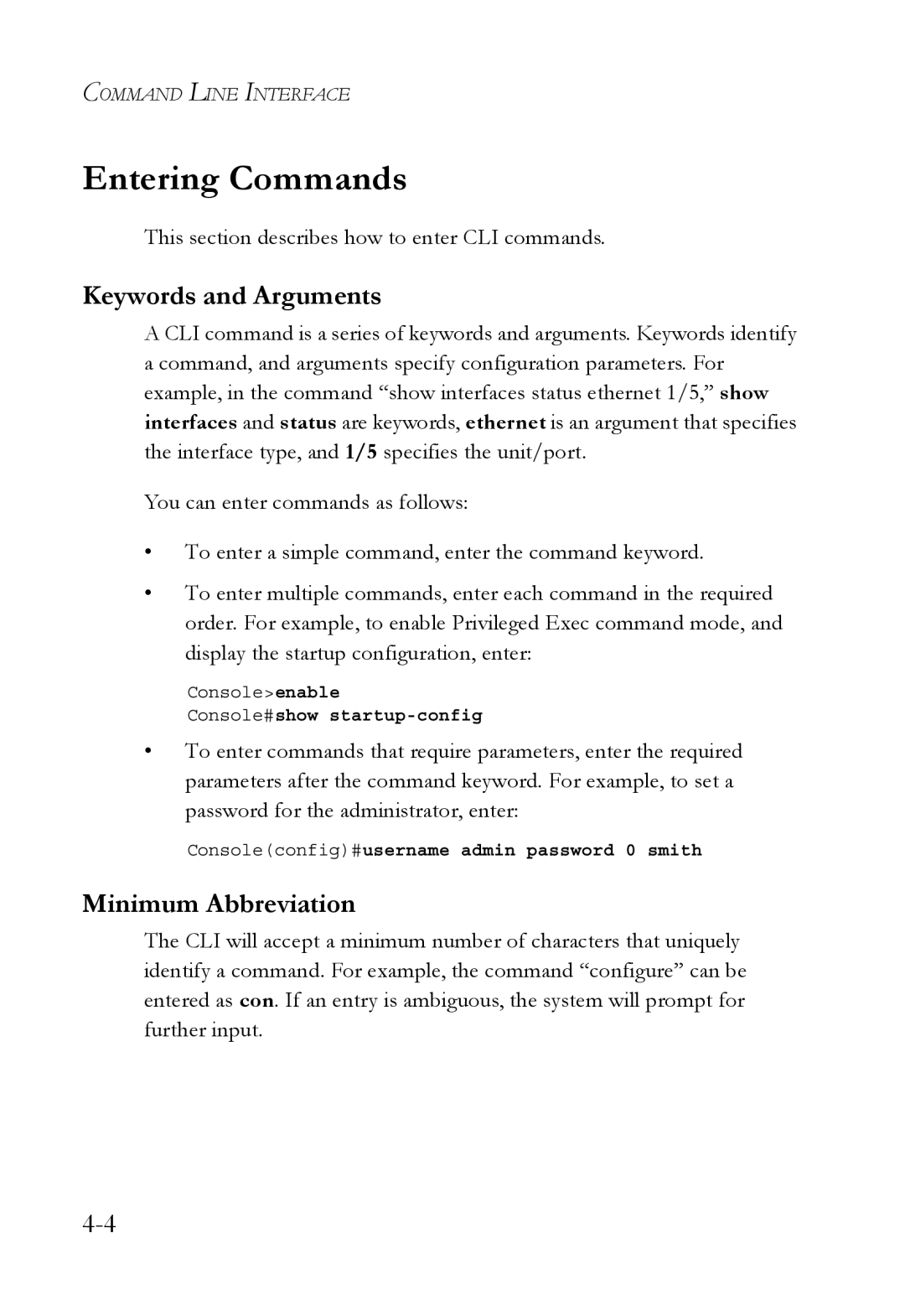 SMC Networks SMC6752AL2 manual Entering Commands, Keywords and Arguments, Minimum Abbreviation 