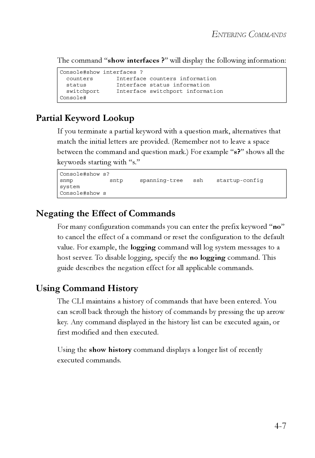 SMC Networks SMC6752AL2 manual Partial Keyword Lookup, Negating the Effect of Commands, Using Command History 