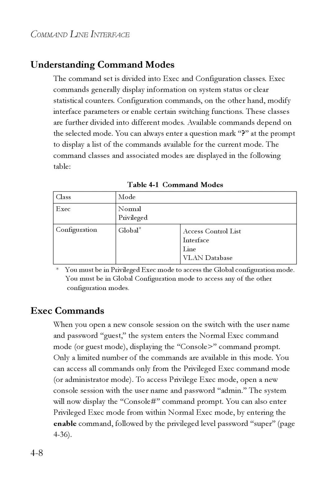 SMC Networks SMC6752AL2 manual Understanding Command Modes, Exec Commands 