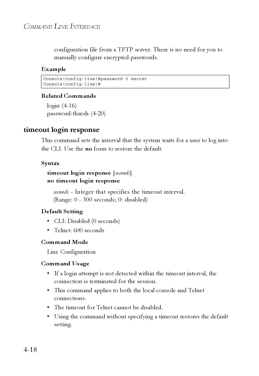 SMC Networks SMC6752AL2 Timeout login response, Login 4-16password-thresh4-20, CLI Disabled 0 seconds Telnet 600 seconds 