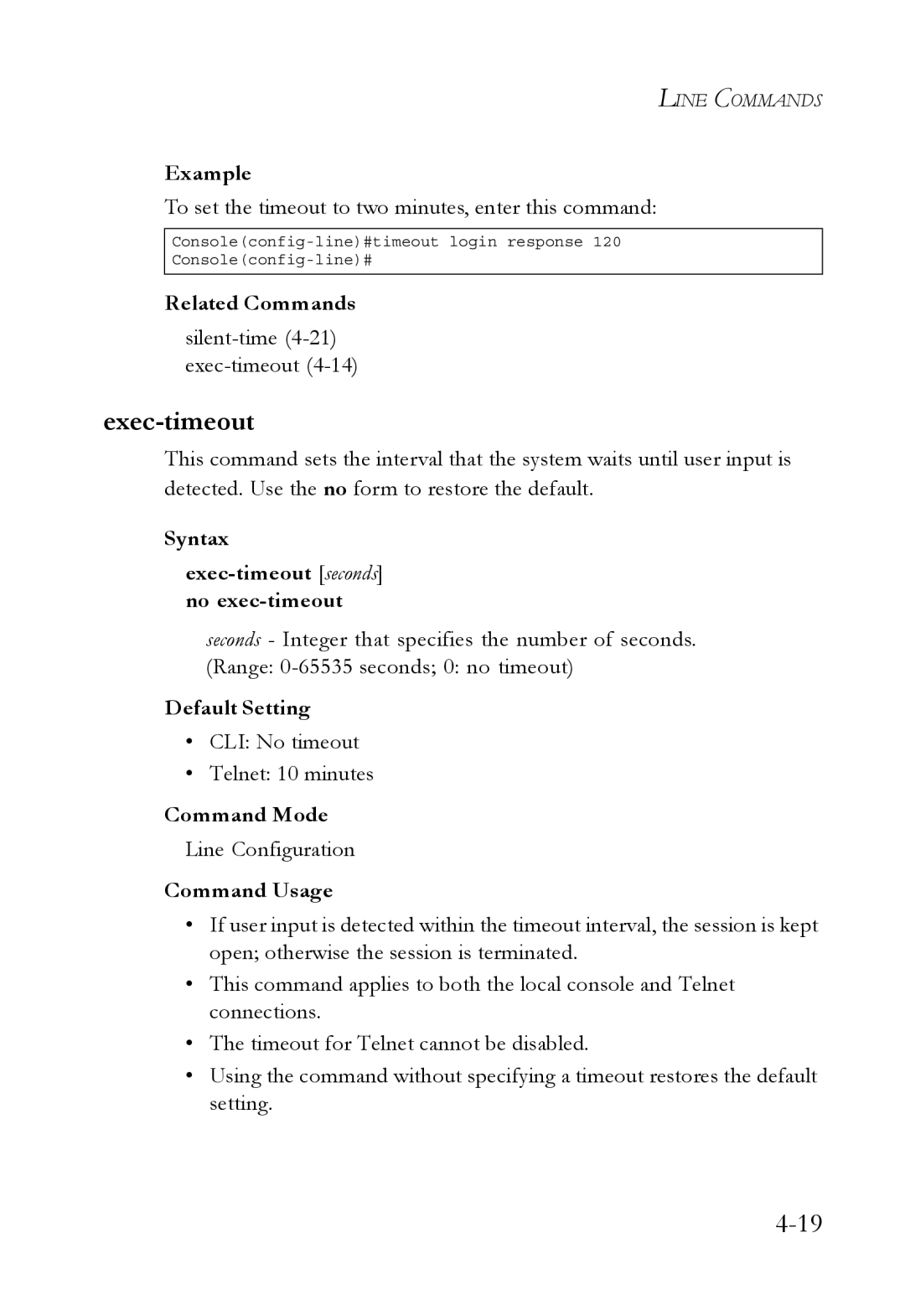 SMC Networks SMC6752AL2 Exec-timeout, To set the timeout to two minutes, enter this command, Silent-time4-21exec-timeout 