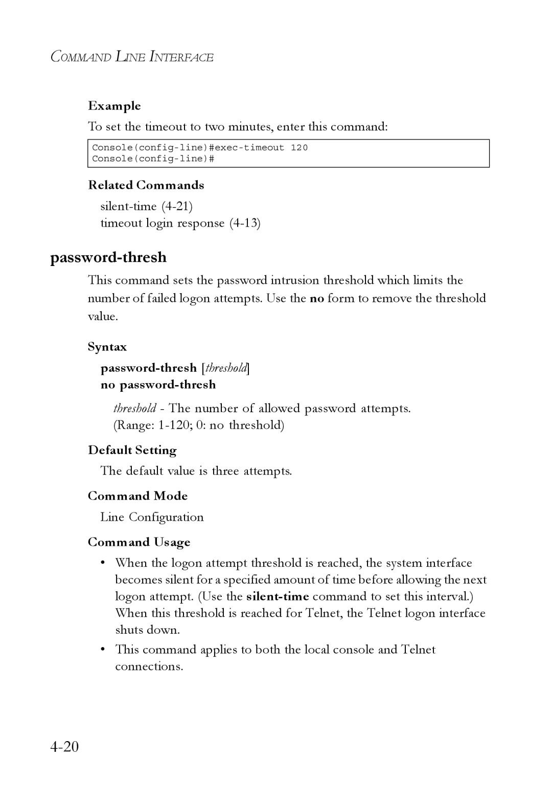 SMC Networks SMC6752AL2 manual Password-thresh, Silent-time4-21 Timeout login response, Default value is three attempts 