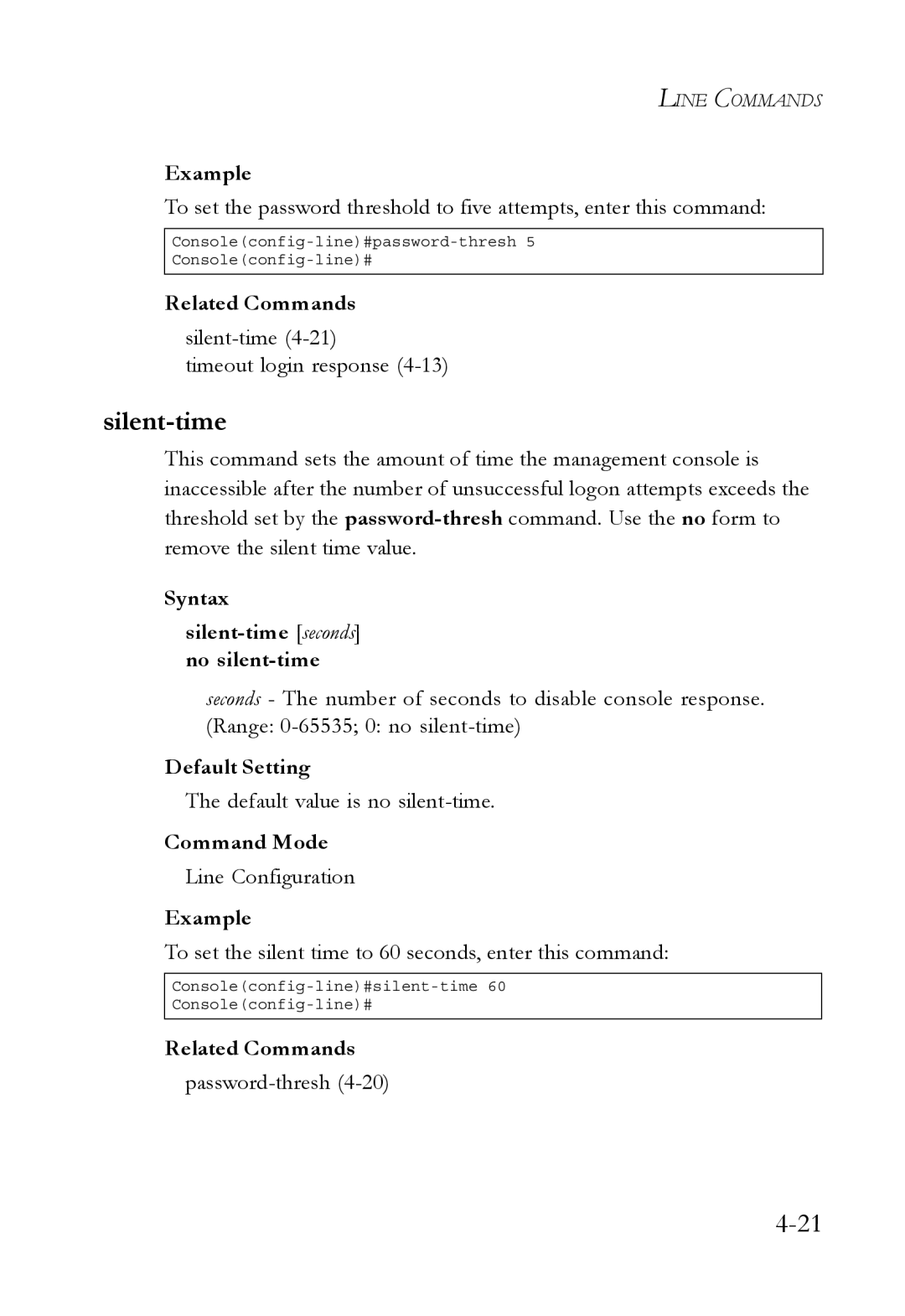 SMC Networks SMC6752AL2 manual Syntax Silent-time seconds no silent-time, Default value is no silent-time 