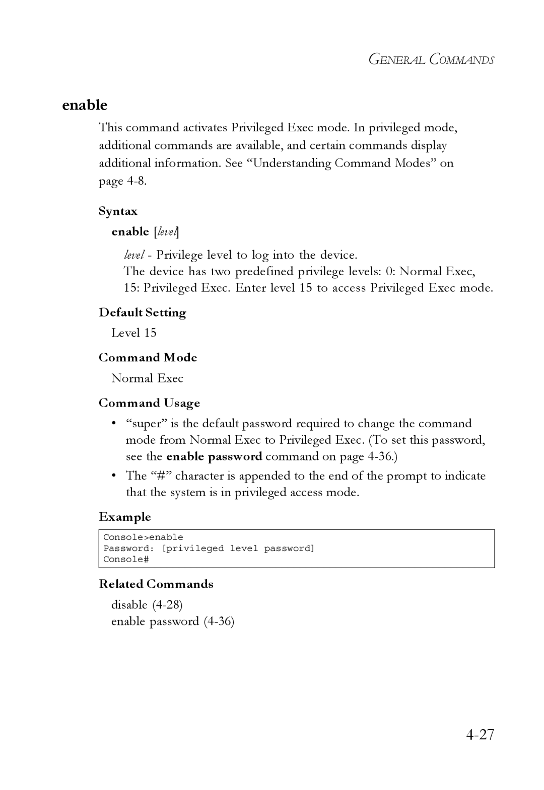 SMC Networks SMC6752AL2 manual Syntax enable level, Level, Normal Exec, Disable Enable password 