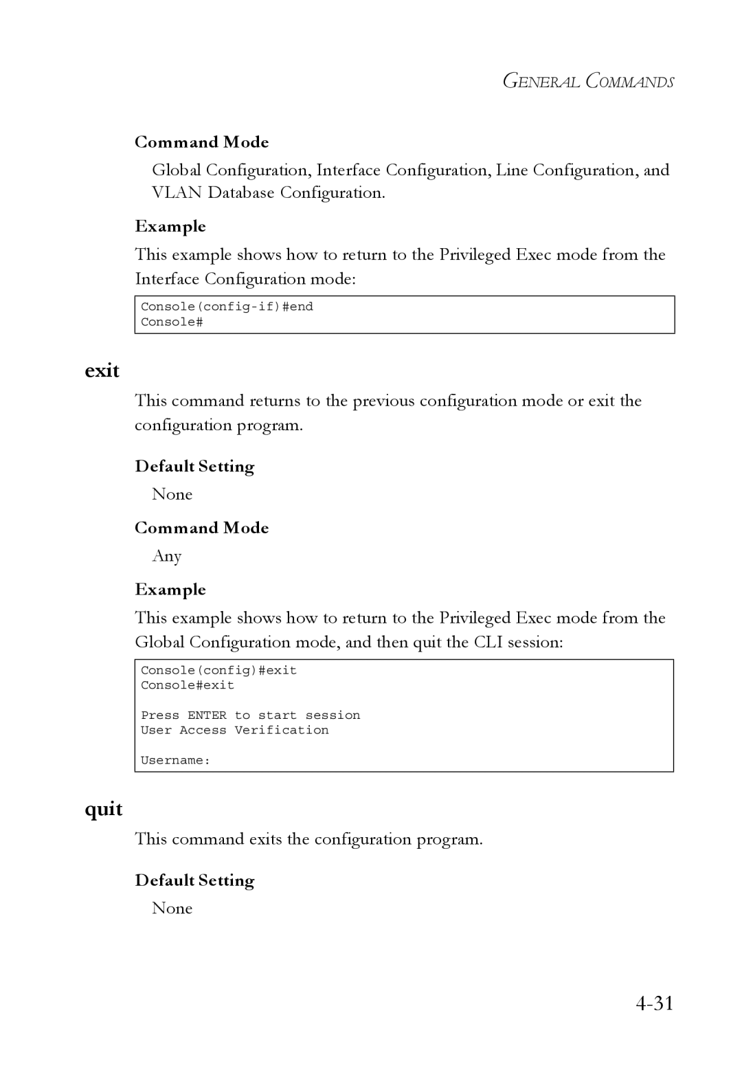 SMC Networks SMC6752AL2 manual Exit, Quit, Any, This command exits the configuration program 