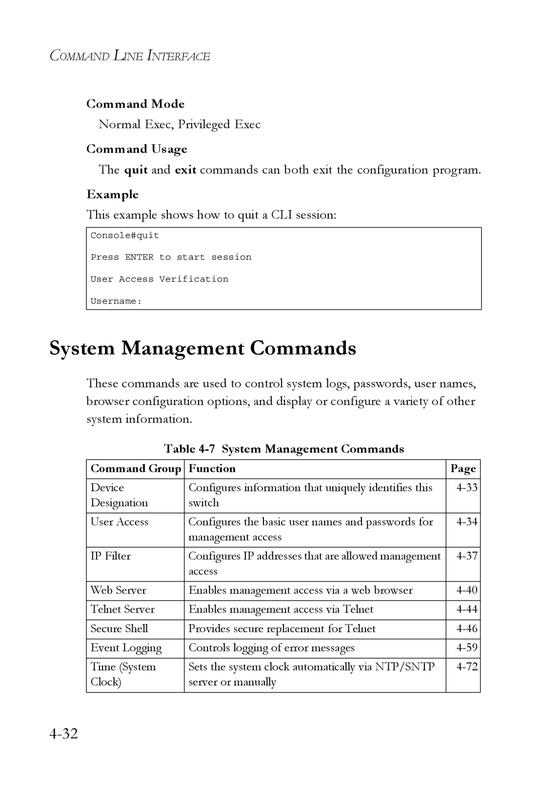 SMC Networks SMC6752AL2 manual System Management Commands, This example shows how to quit a CLI session 