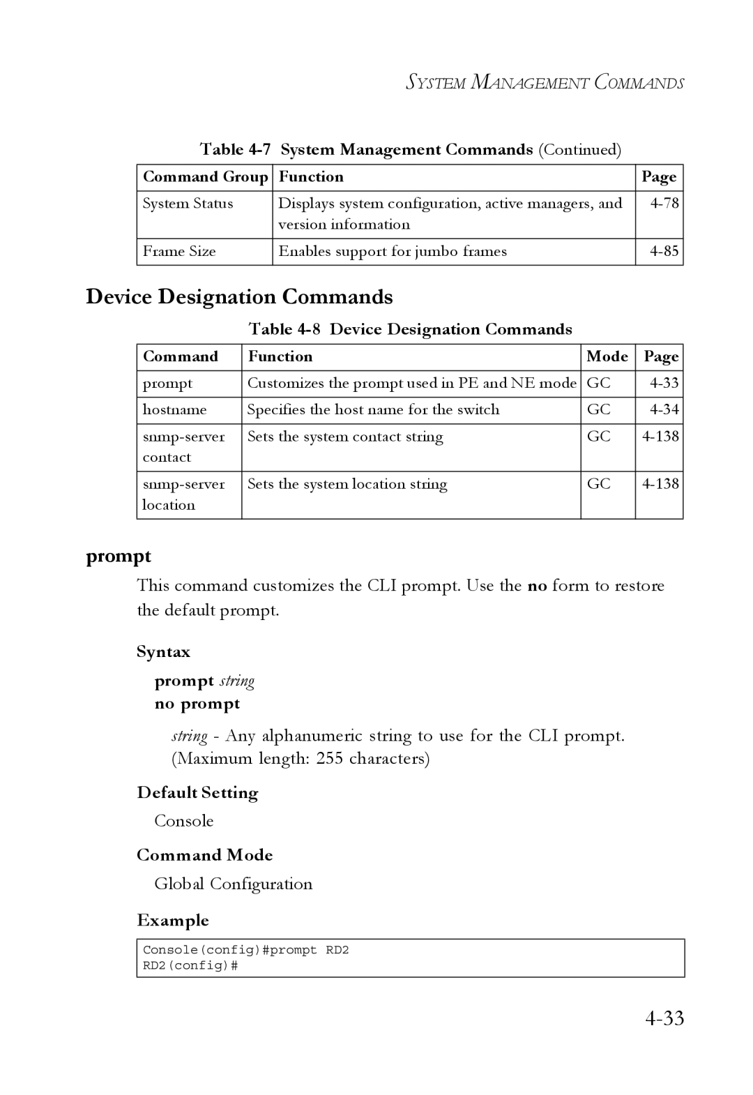 SMC Networks SMC6752AL2 manual Device Designation Commands, Syntax Prompt string no prompt, Console 